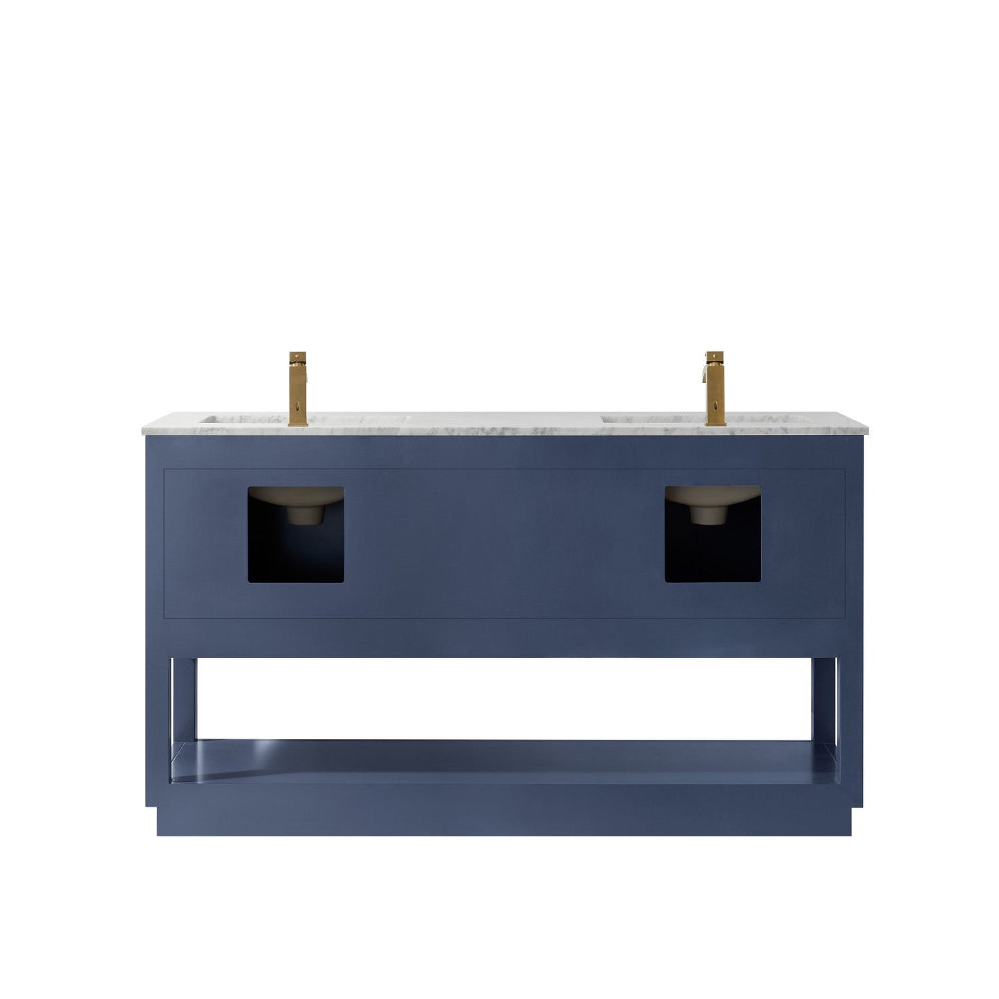 Remi 60" Double Bathroom Vanity Set in Royal Blue and Carrara White Marble Countertop without Mirror