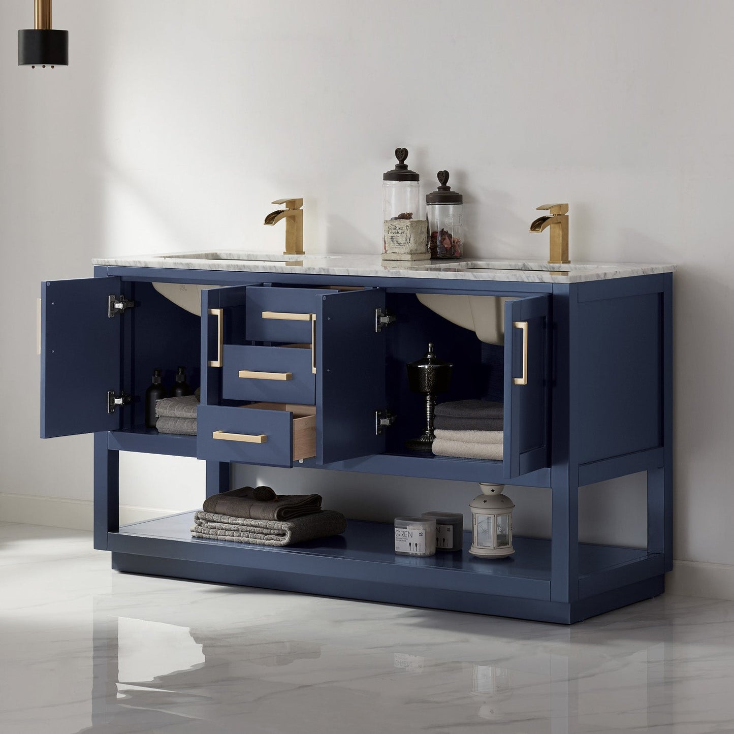 Remi 60" Double Bathroom Vanity Set in Royal Blue and Carrara White Marble Countertop without Mirror