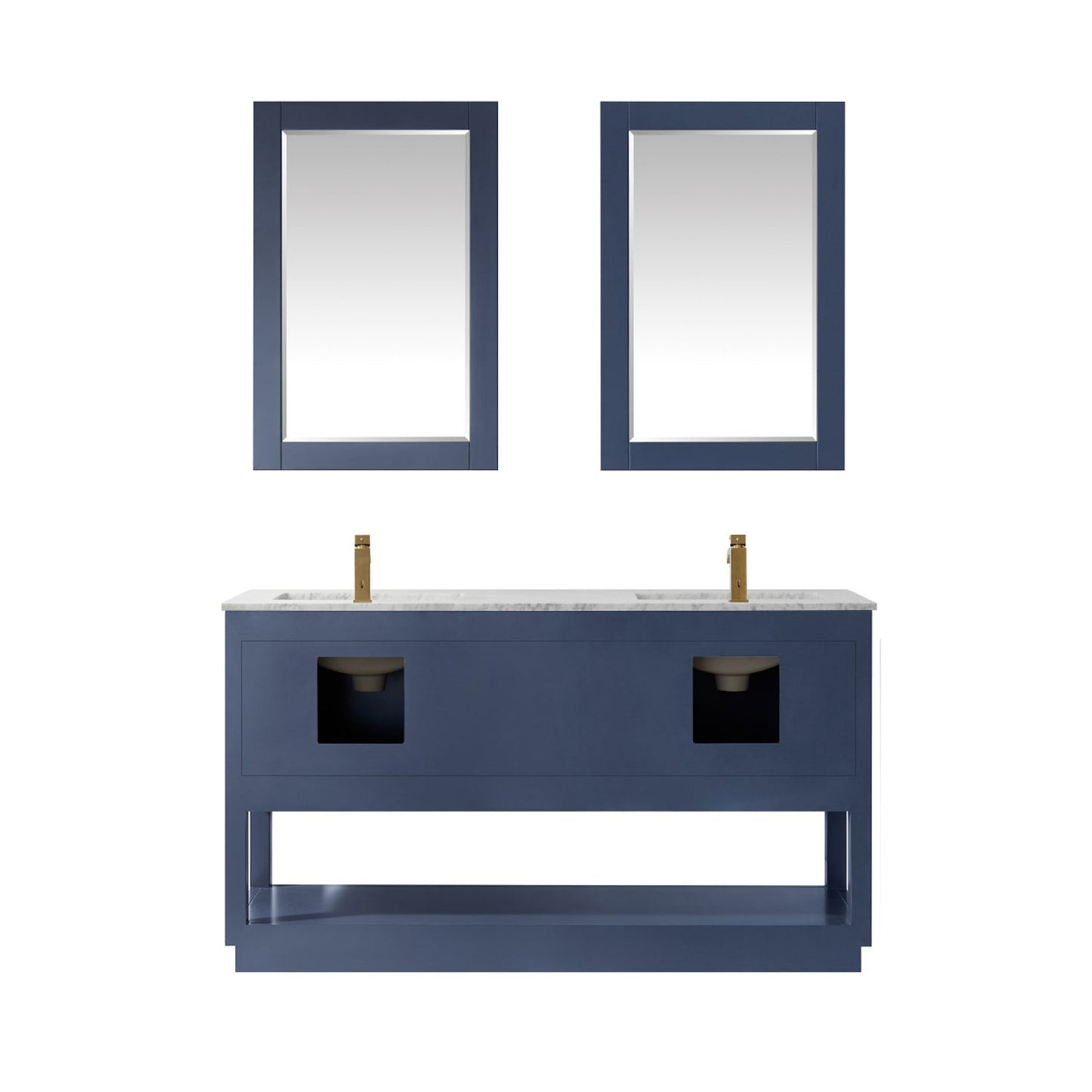 Remi 60" Double Bathroom Vanity Set in Royal Blue and Carrara White Marble Countertop with Mirror