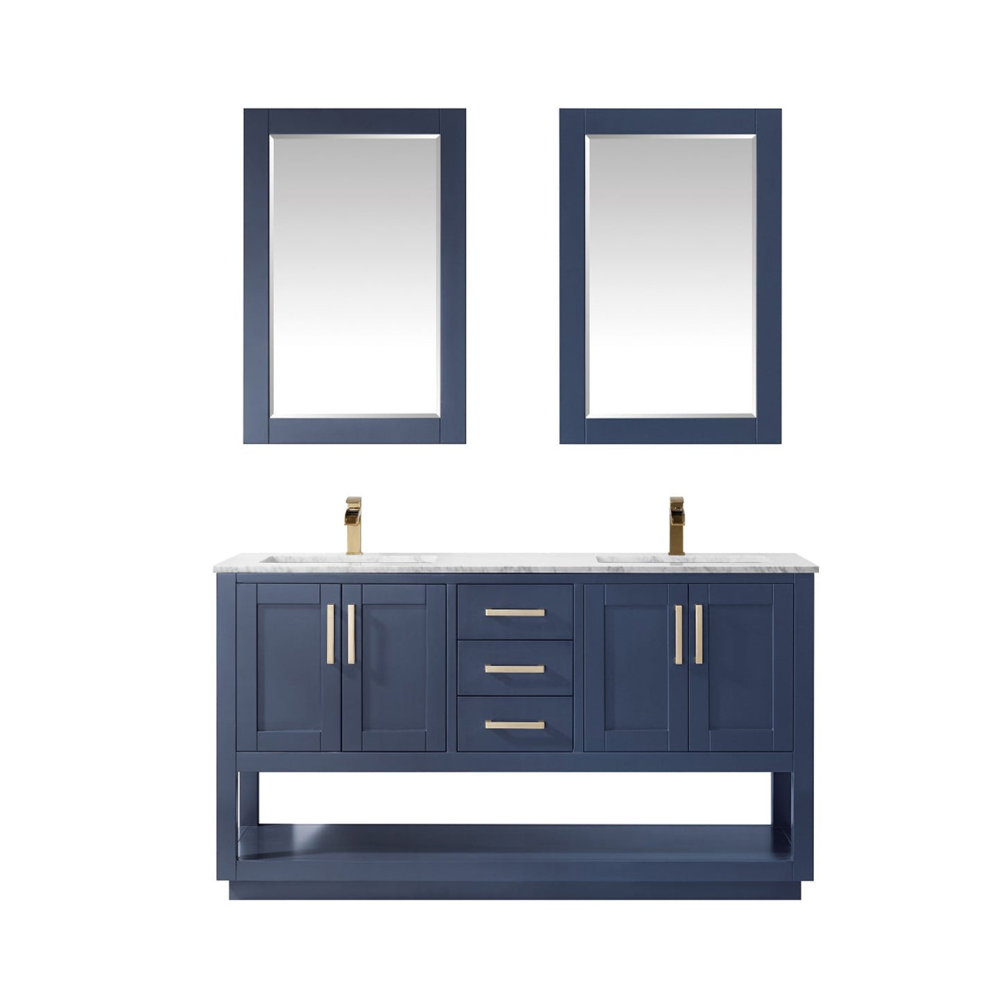 Remi 60" Double Bathroom Vanity Set in Royal Blue and Carrara White Marble Countertop with Mirror