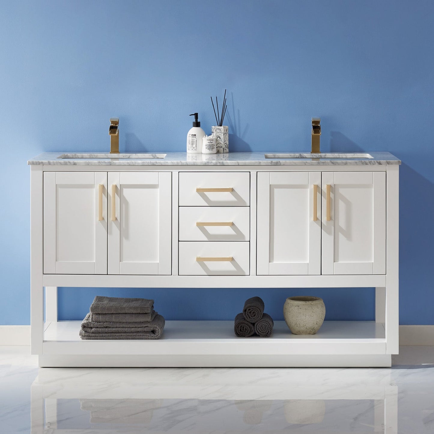 Remi 60" Double Bathroom Vanity Set in White and Carrara White Marble Countertop without Mirror