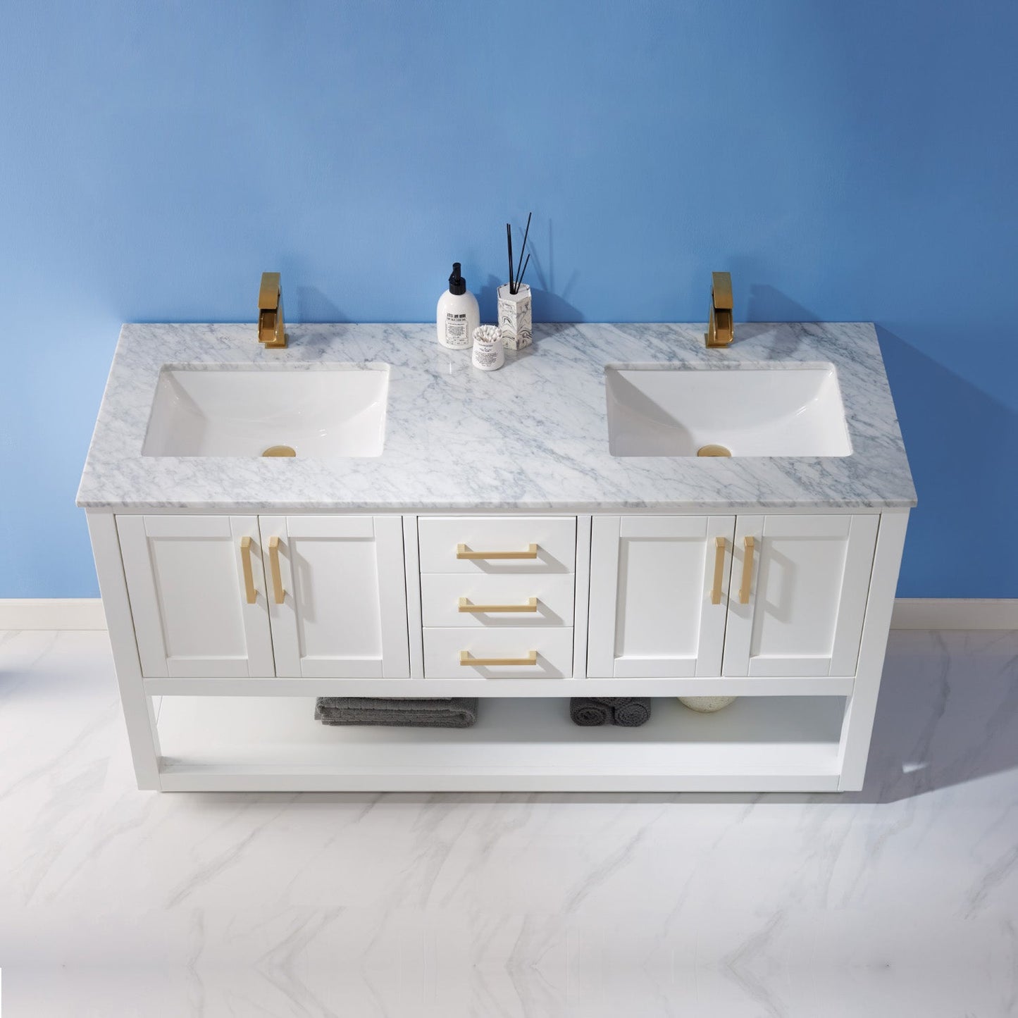 Remi 60" Double Bathroom Vanity Set in White and Carrara White Marble Countertop without Mirror