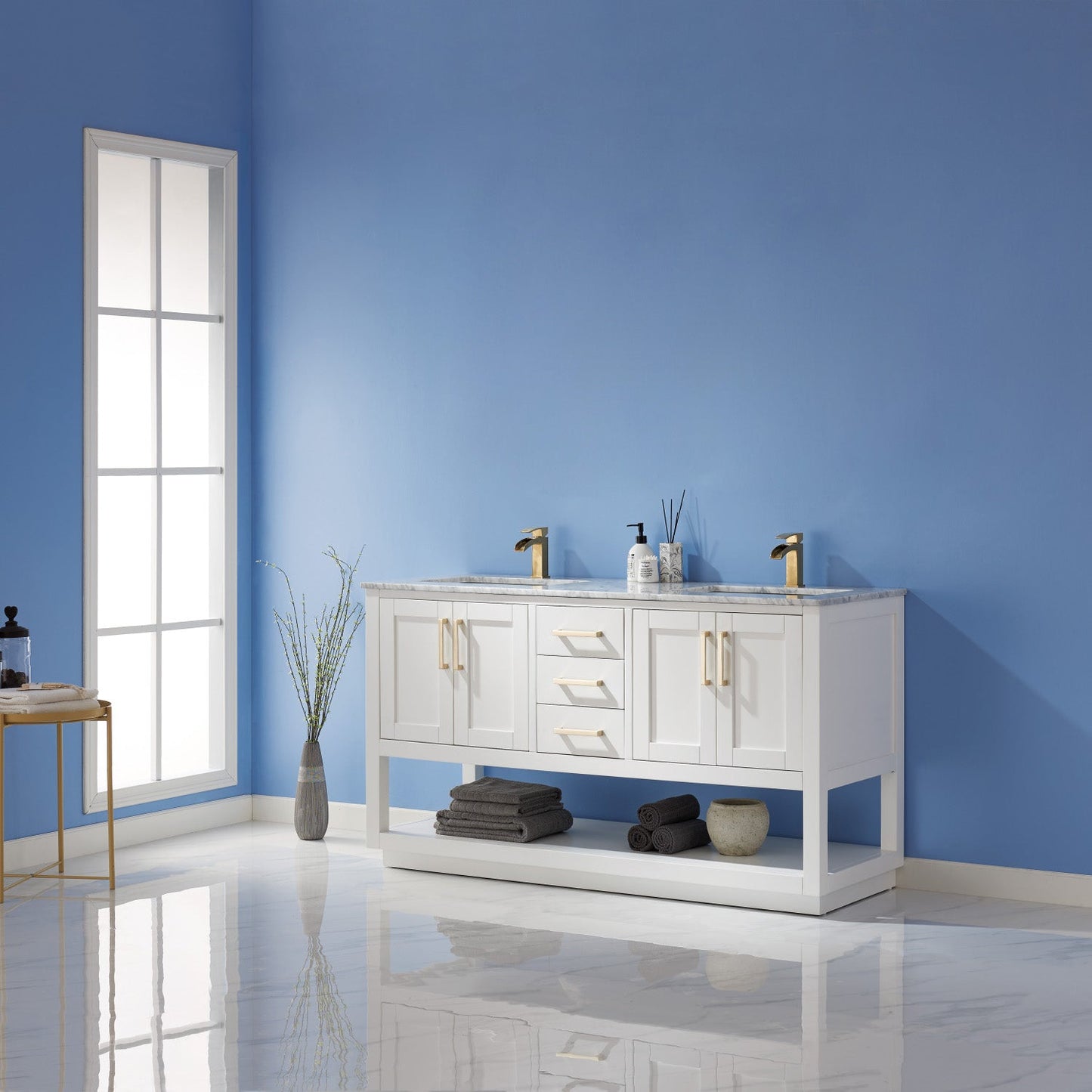 Remi 60" Double Bathroom Vanity Set in White and Carrara White Marble Countertop without Mirror