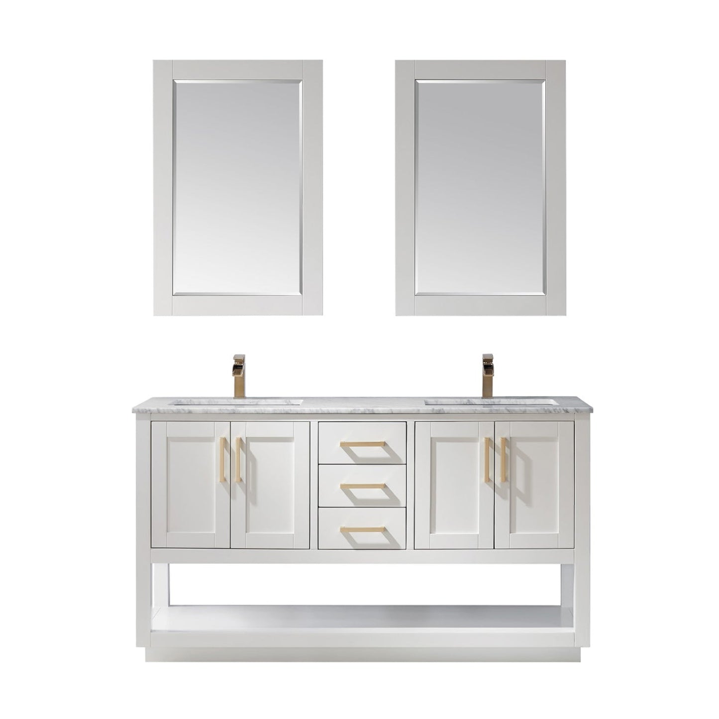 Remi 60" Double Bathroom Vanity Set in White and Carrara White Marble Countertop with Mirror