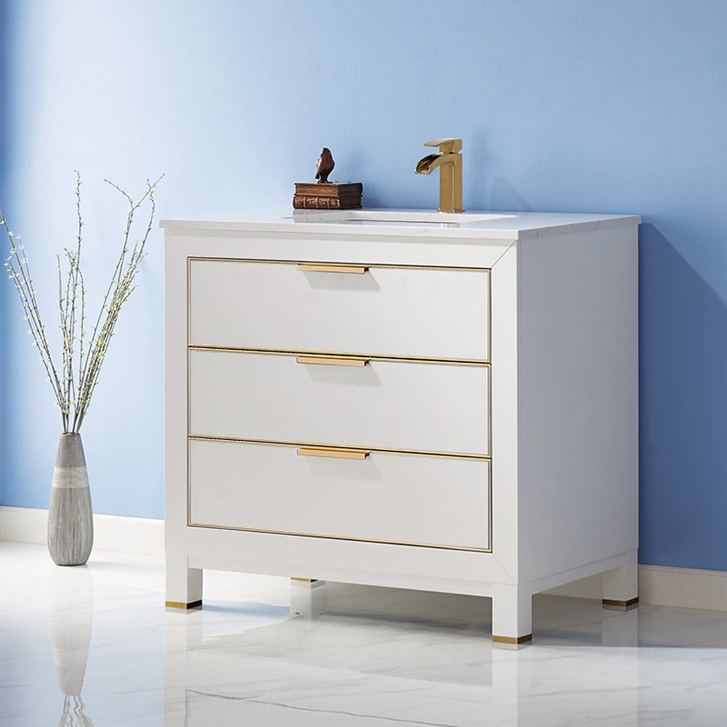 Jackson 36" Single Bathroom Vanity Set in White and Aosta White Engineered Stone Countertop without Mirror