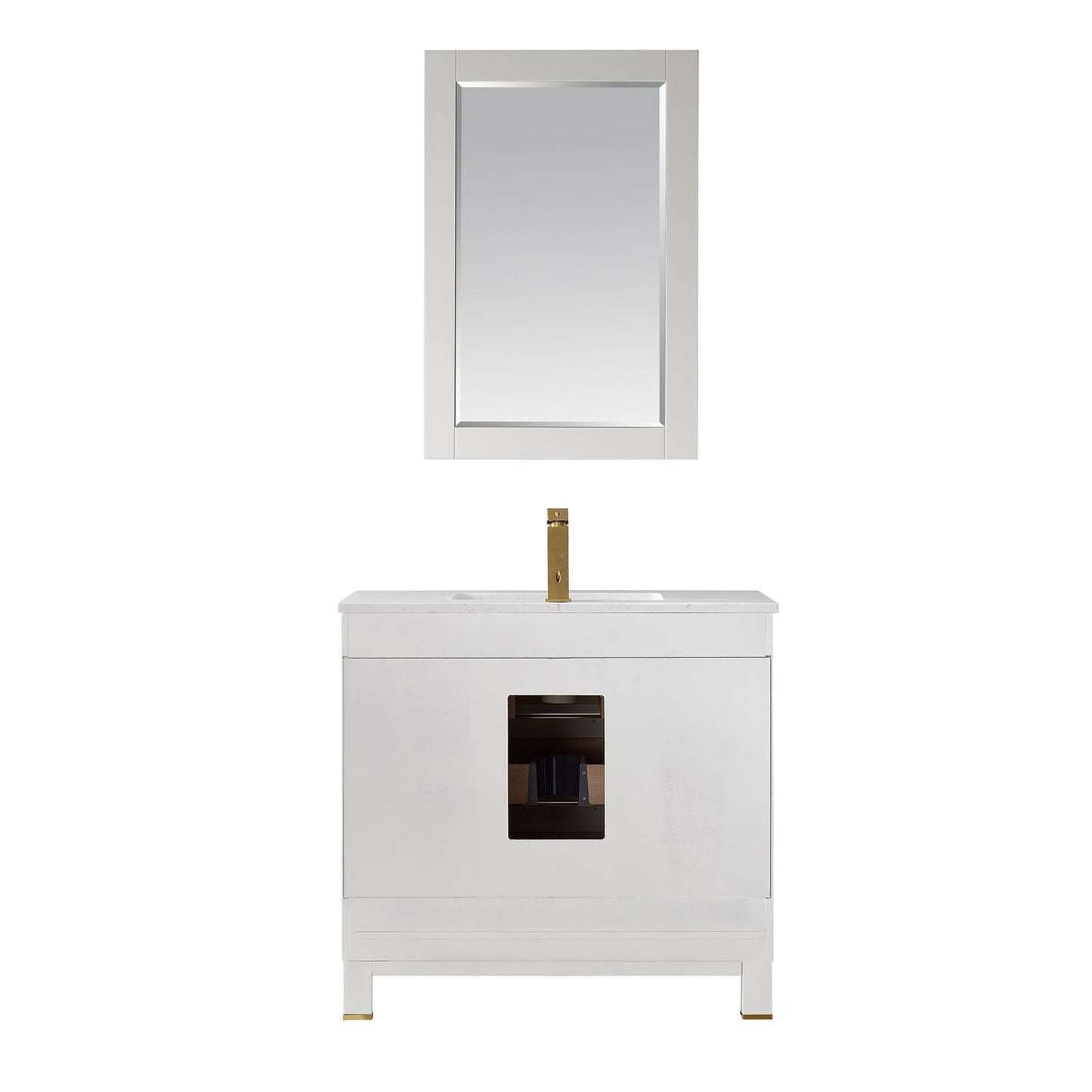 Jackson 36" Single Bathroom Vanity Set in White and Aosta White Engineered Stone Countertop with Mirror