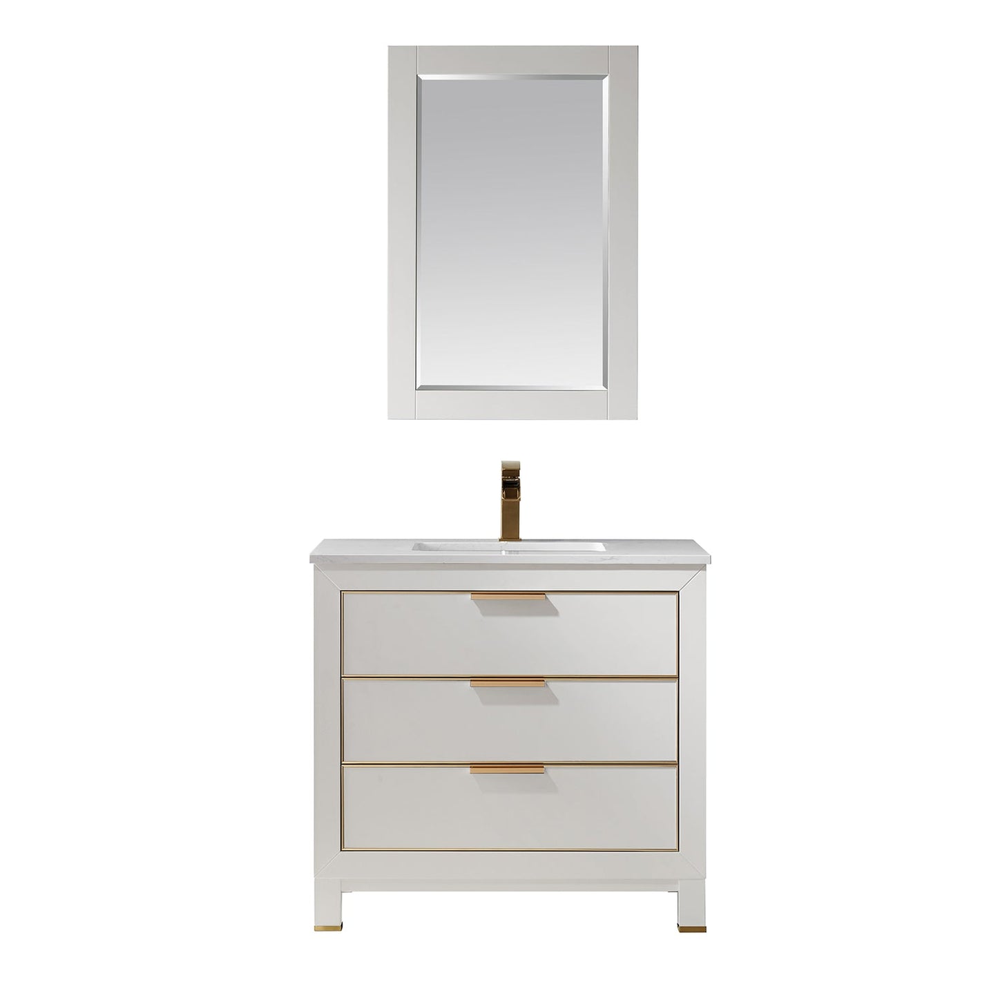 Jackson 36" Single Bathroom Vanity Set in White and Aosta White Engineered Stone Countertop with Mirror