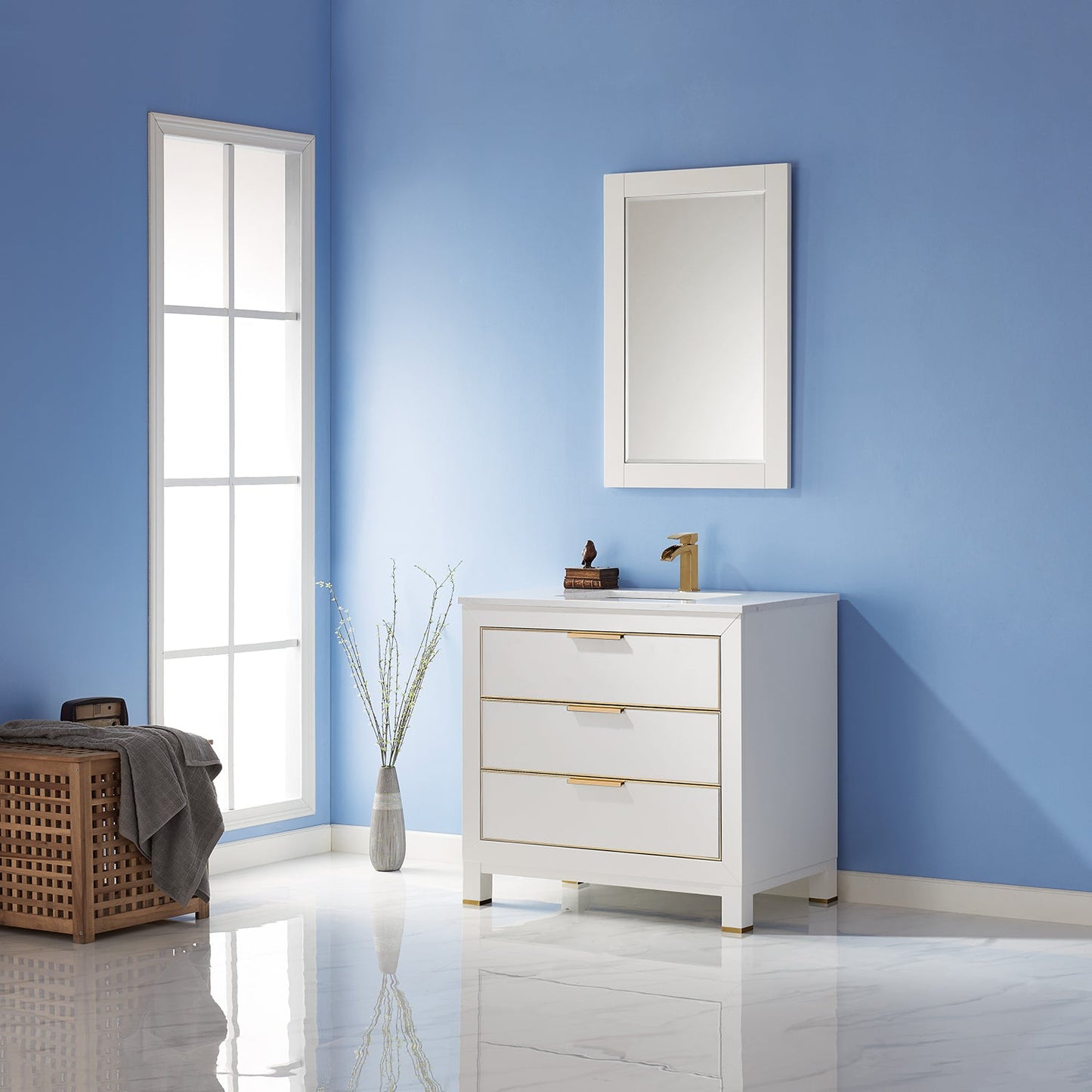 Jackson 36" Single Bathroom Vanity Set in White and Aosta White Engineered Stone Countertop with Mirror