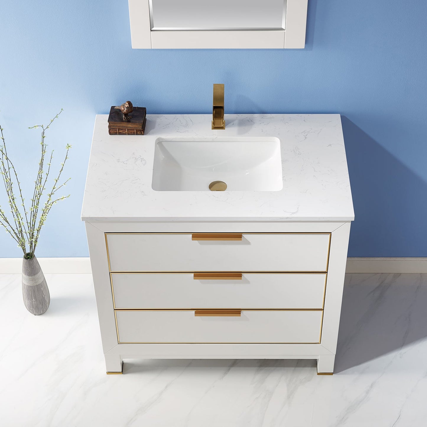 Jackson 36" Single Bathroom Vanity Set in White and Aosta White Engineered Stone Countertop with Mirror