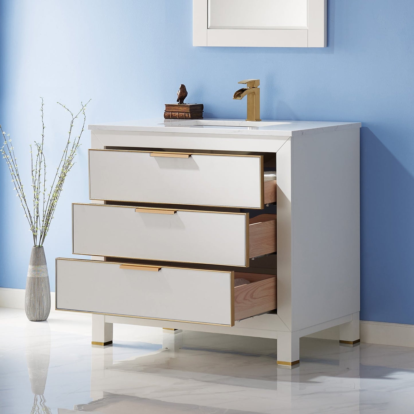 Jackson 36" Single Bathroom Vanity Set in White and Aosta White Engineered Stone Countertop with Mirror