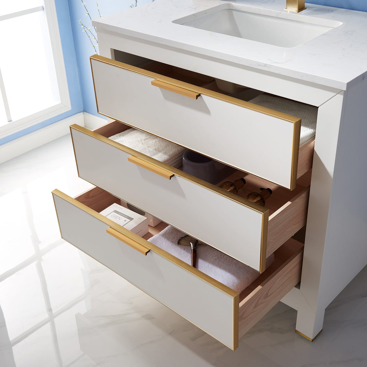 Jackson 36" Single Bathroom Vanity Set in White and Aosta White Engineered Stone Countertop with Mirror