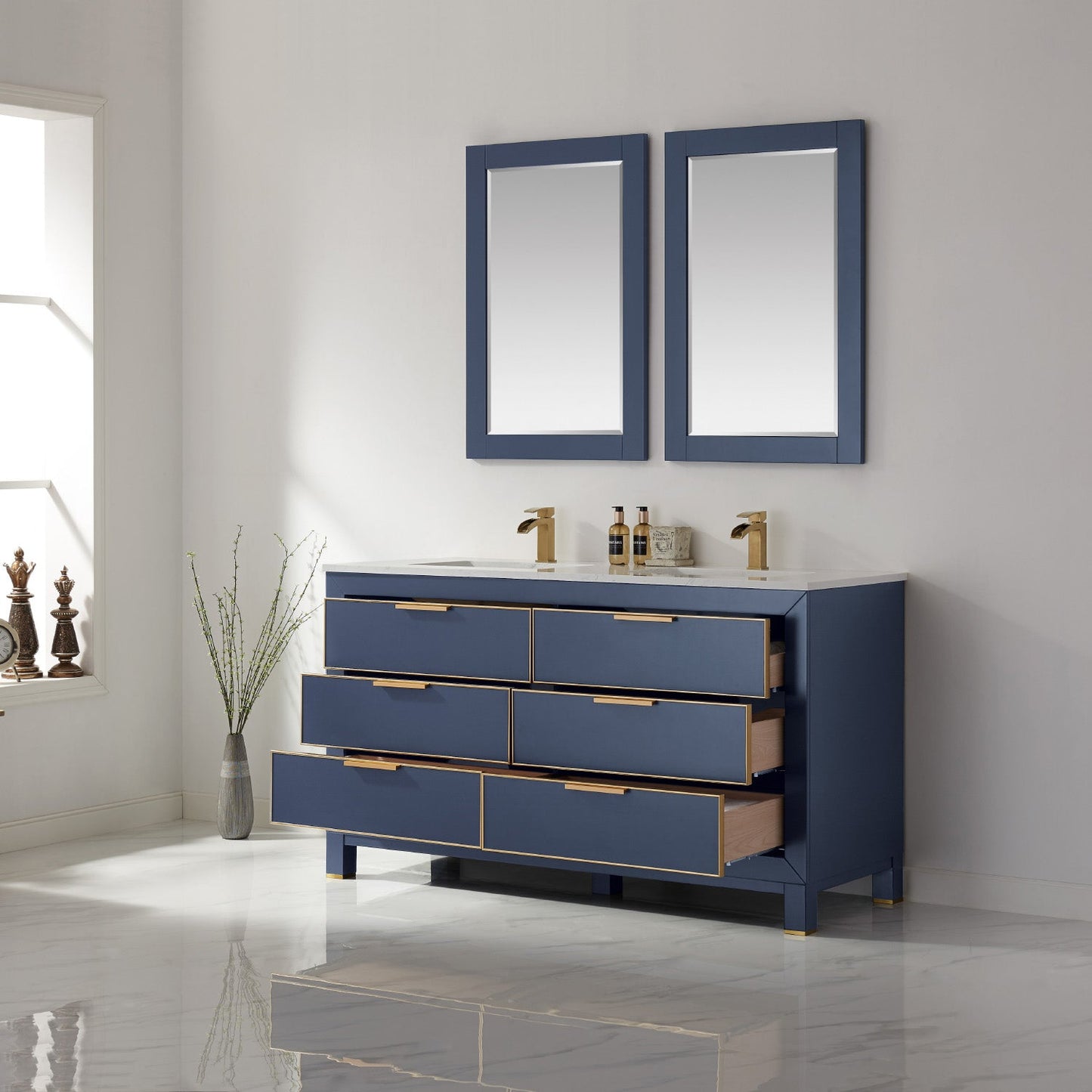 Jackson 60" Double Bathroom Vanity Set in Royal Blue and Aosta White Engineered Stone Countertop with Mirror