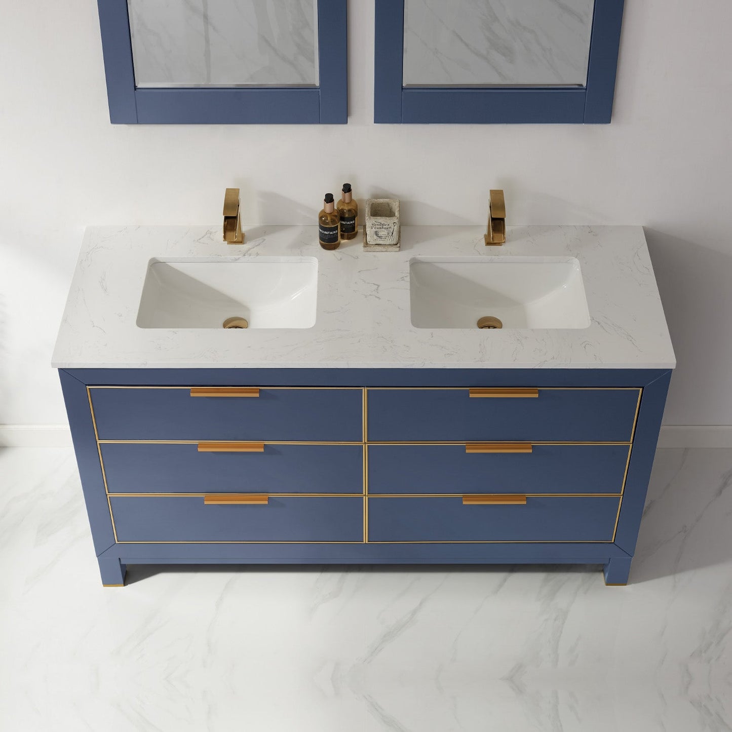 Jackson 60" Double Bathroom Vanity Set in Royal Blue and Aosta White Engineered Stone Countertop with Mirror