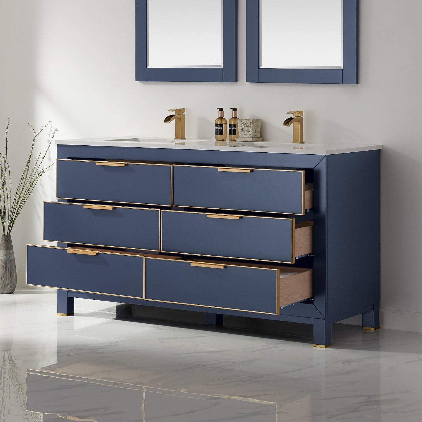 Jackson 60" Double Bathroom Vanity Set in Royal Blue and Aosta White Engineered Stone Countertop with Mirror