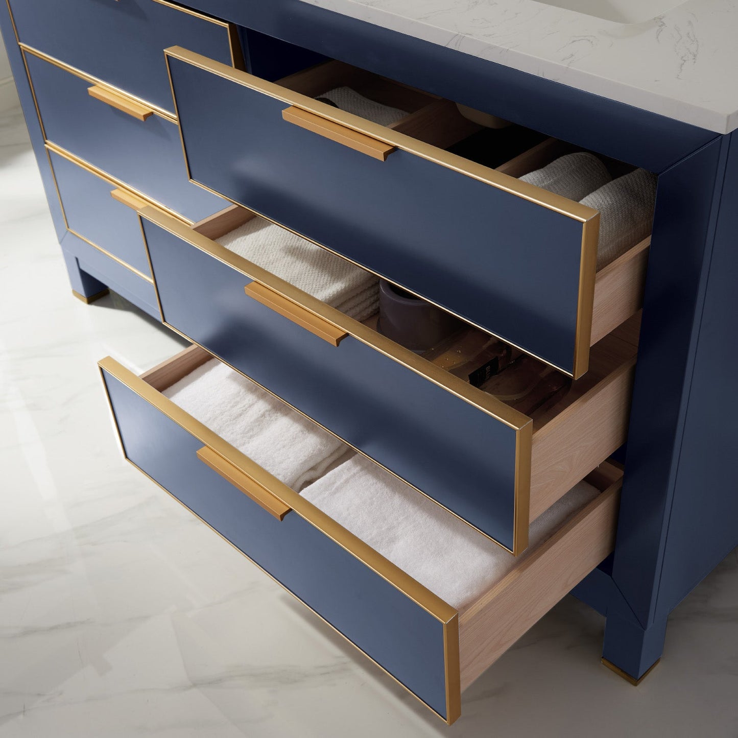 Jackson 60" Double Bathroom Vanity Set in Royal Blue and Aosta White Engineered Stone Countertop with Mirror