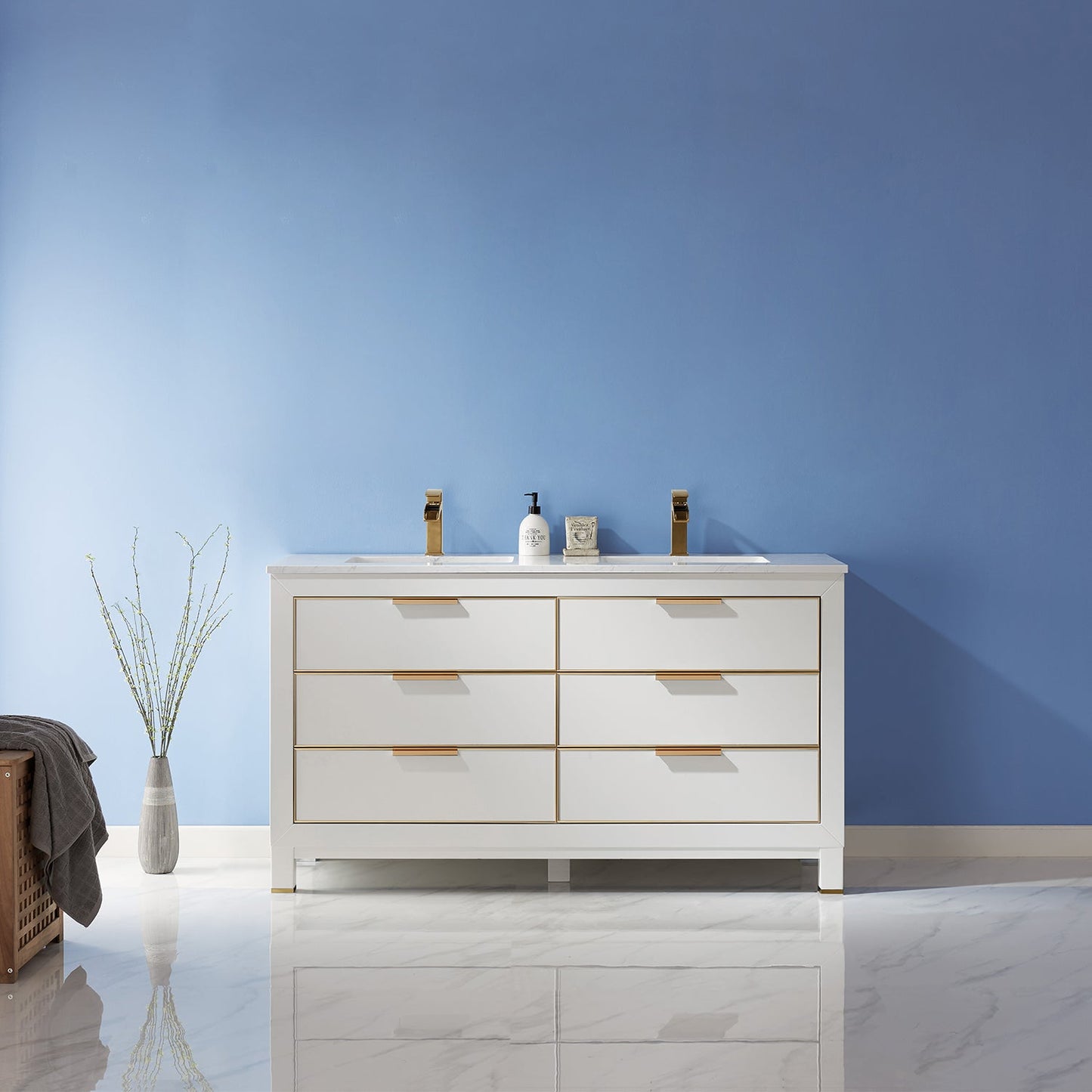 Jackson 60" Double Bathroom Vanity Set in White and Aosta White Engineered Stone Countertop without Mirror