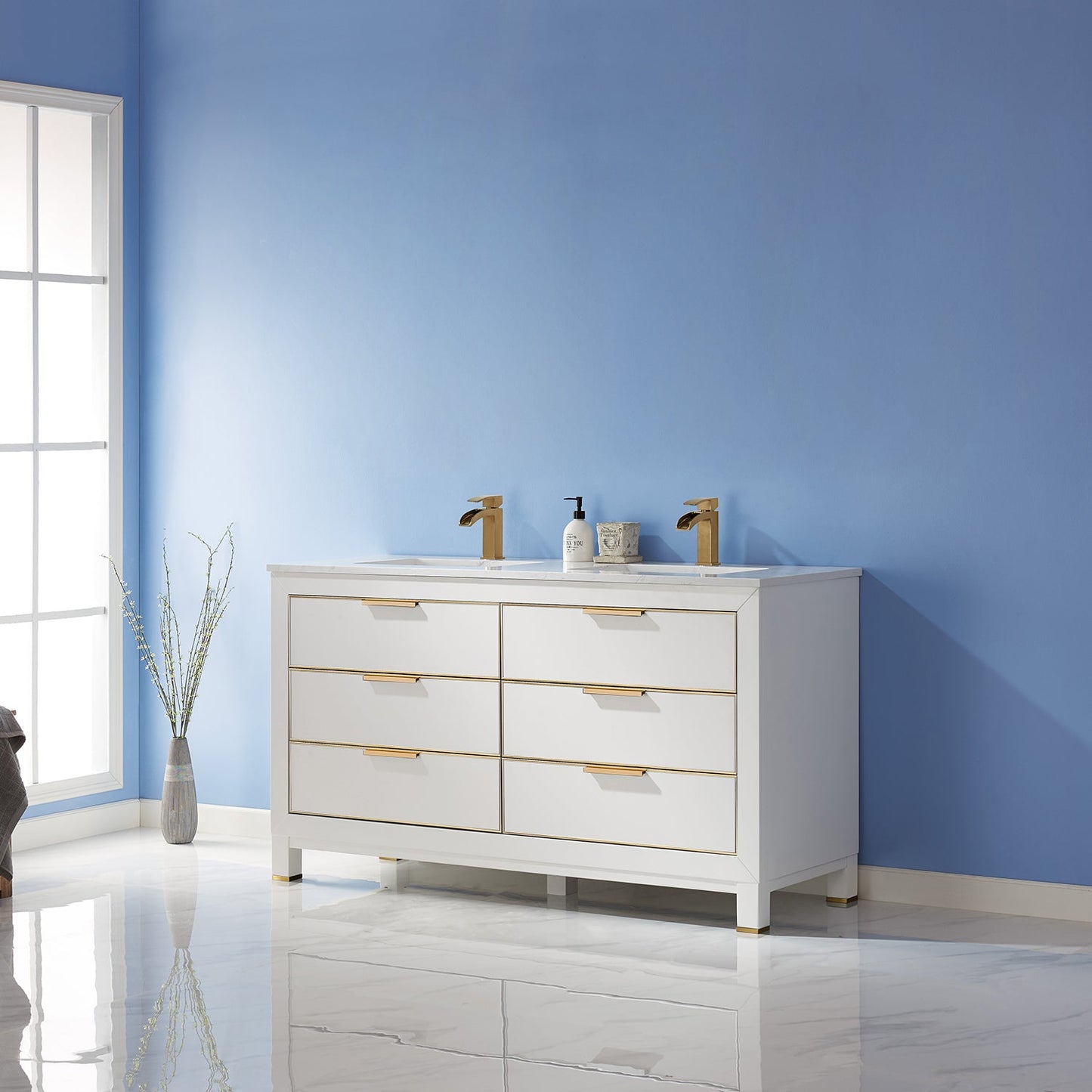 Jackson 60" Double Bathroom Vanity Set in White and Aosta White Engineered Stone Countertop without Mirror