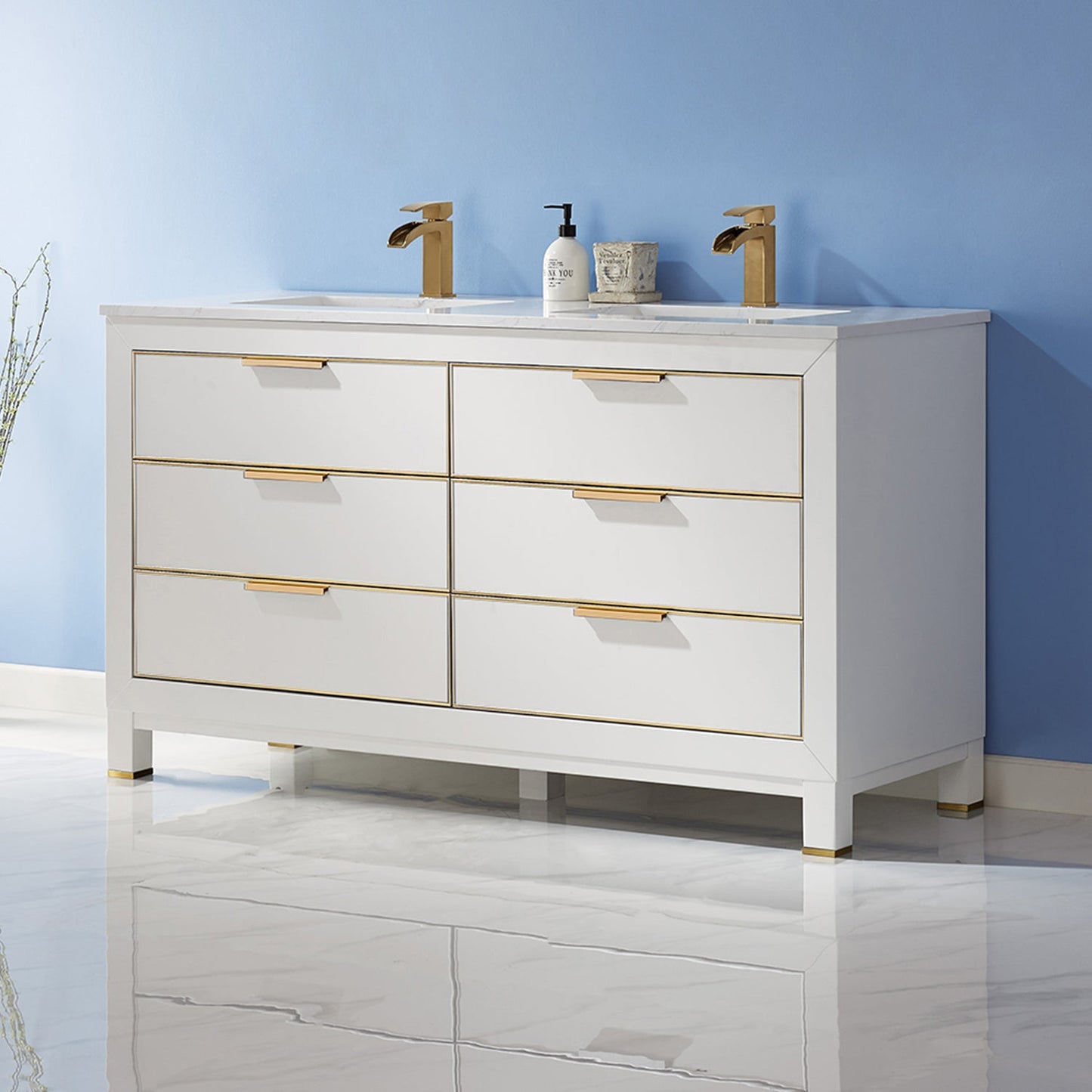 Jackson 60" Double Bathroom Vanity Set in White and Aosta White Engineered Stone Countertop without Mirror