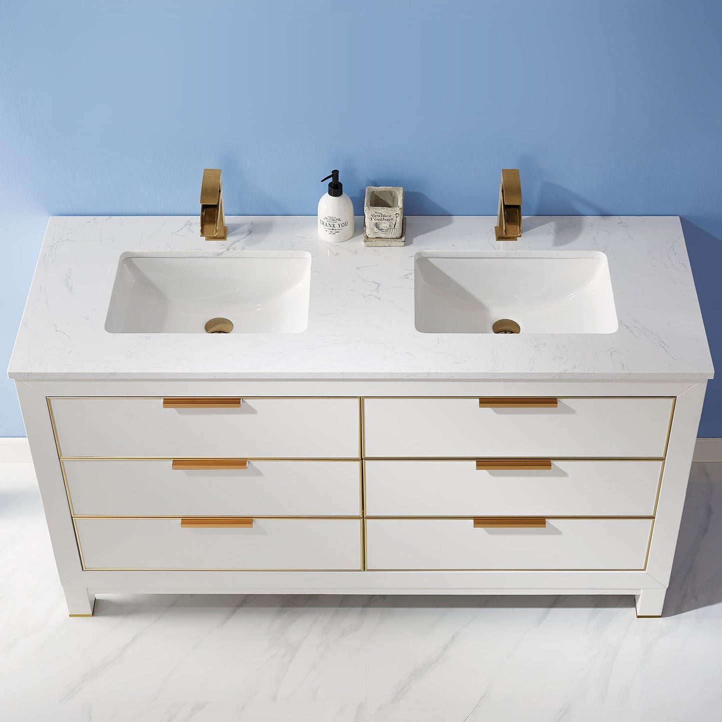 Jackson 60" Double Bathroom Vanity Set in White and Aosta White Engineered Stone Countertop without Mirror