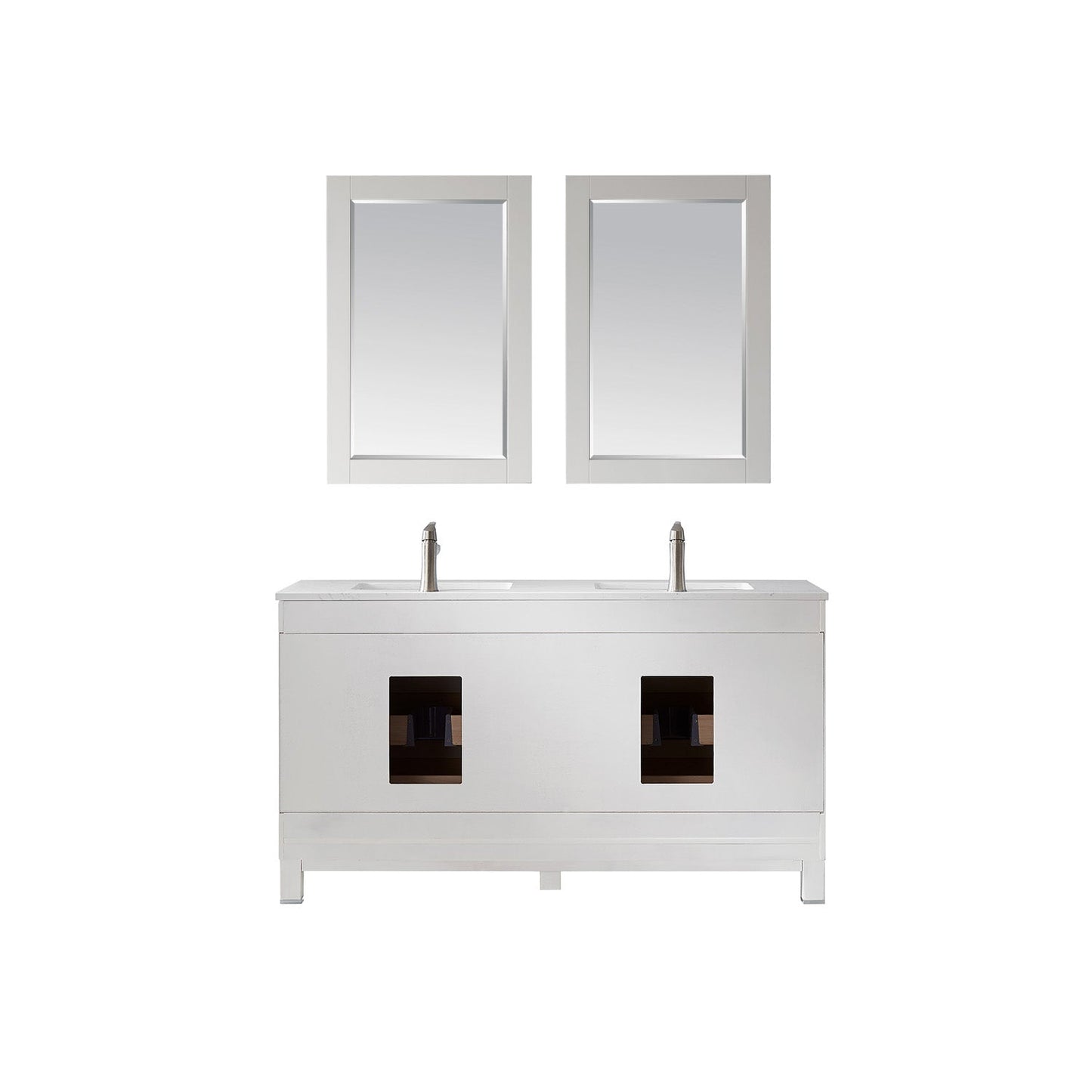 Jackson 60" Double Bathroom Vanity Set in White and Aosta White Engineered Stone Countertop with Mirror