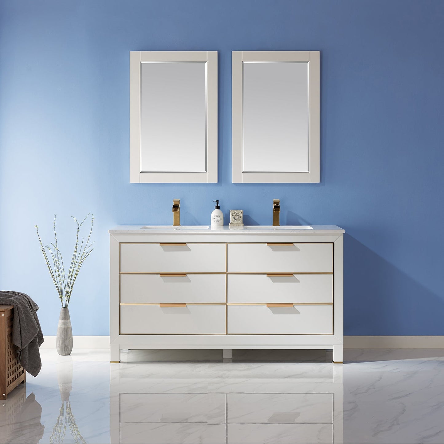 Jackson 60" Double Bathroom Vanity Set in White and Aosta White Engineered Stone Countertop with Mirror