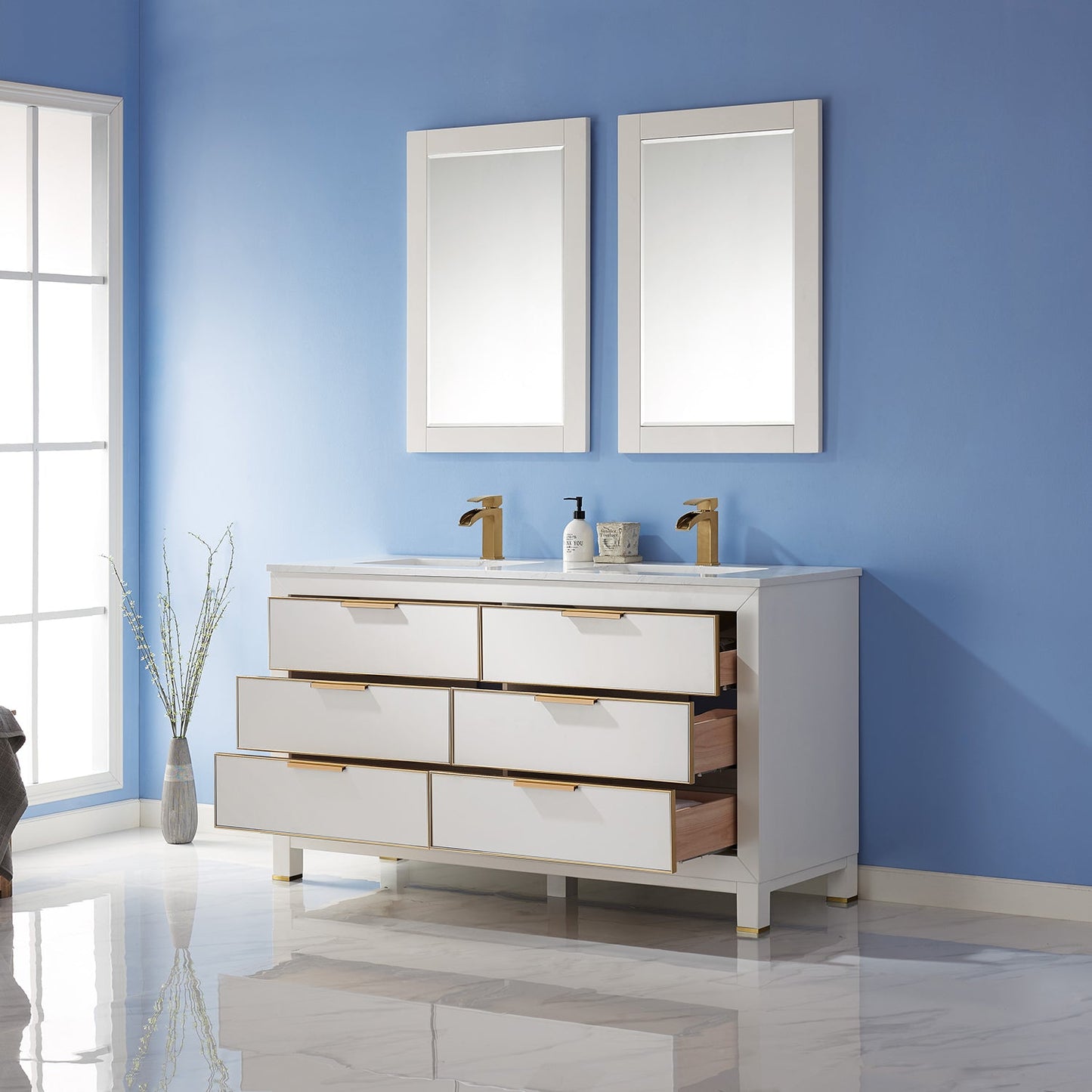 Jackson 60" Double Bathroom Vanity Set in White and Aosta White Engineered Stone Countertop with Mirror