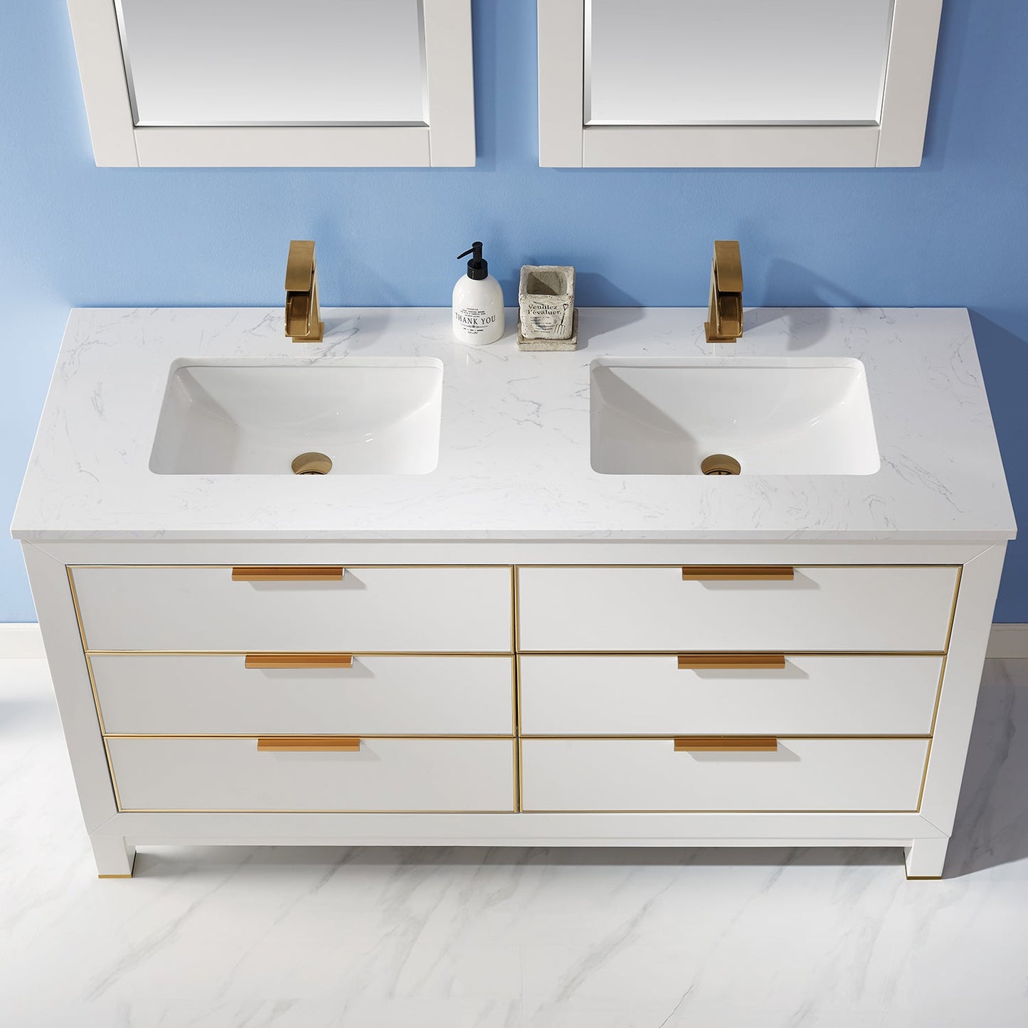 Jackson 60" Double Bathroom Vanity Set in White and Aosta White Engineered Stone Countertop with Mirror