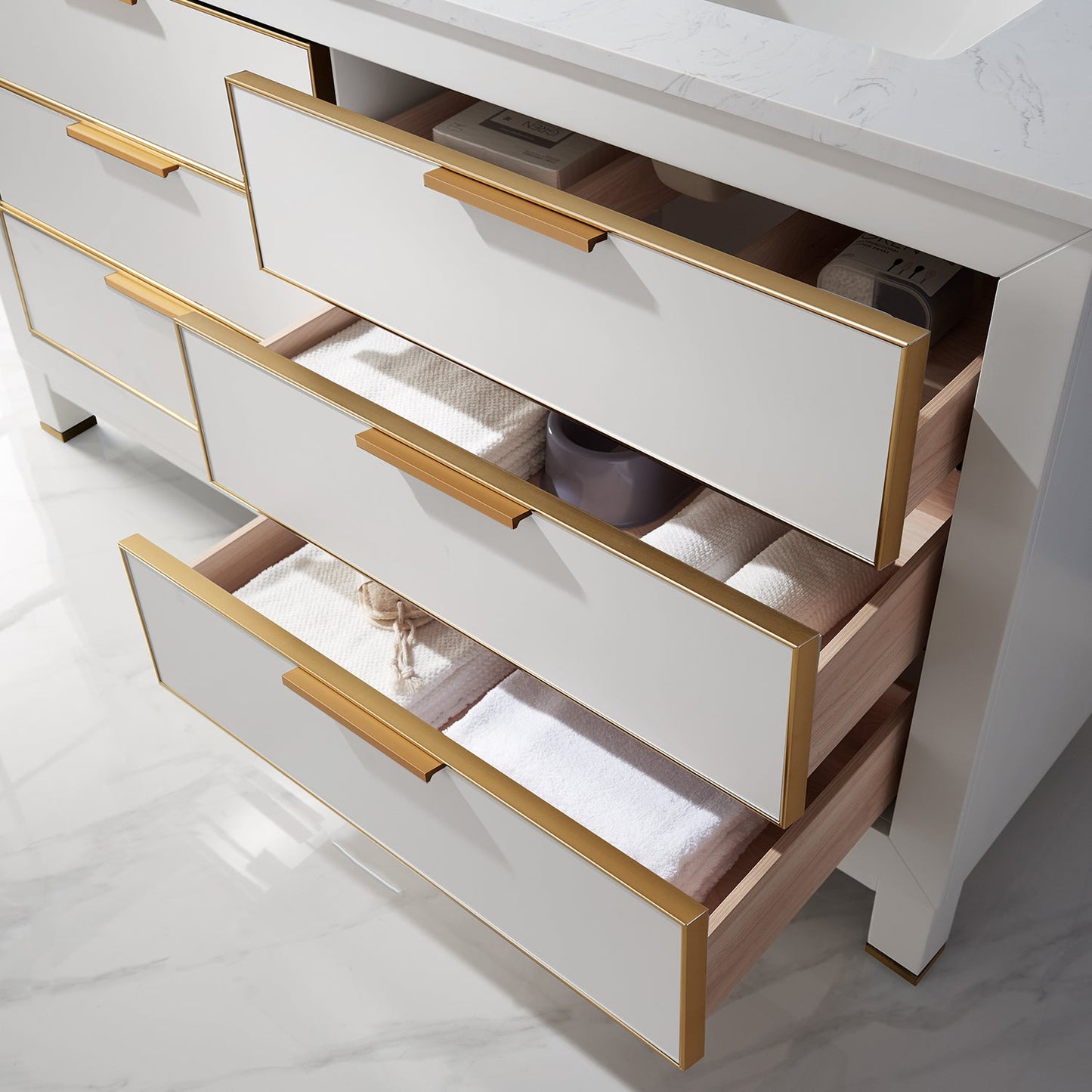 Jackson 60" Double Bathroom Vanity Set in White and Aosta White Engineered Stone Countertop with Mirror