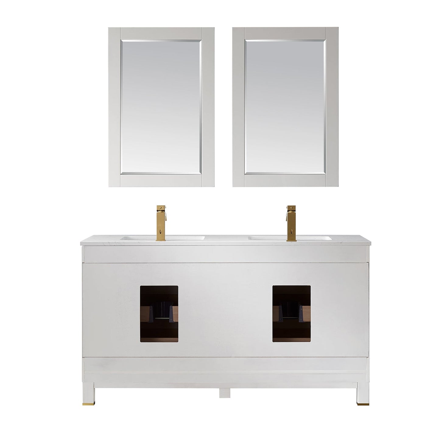 Jackson 60" Double Bathroom Vanity Set in White and Aosta White Engineered Stone Countertop with Mirror