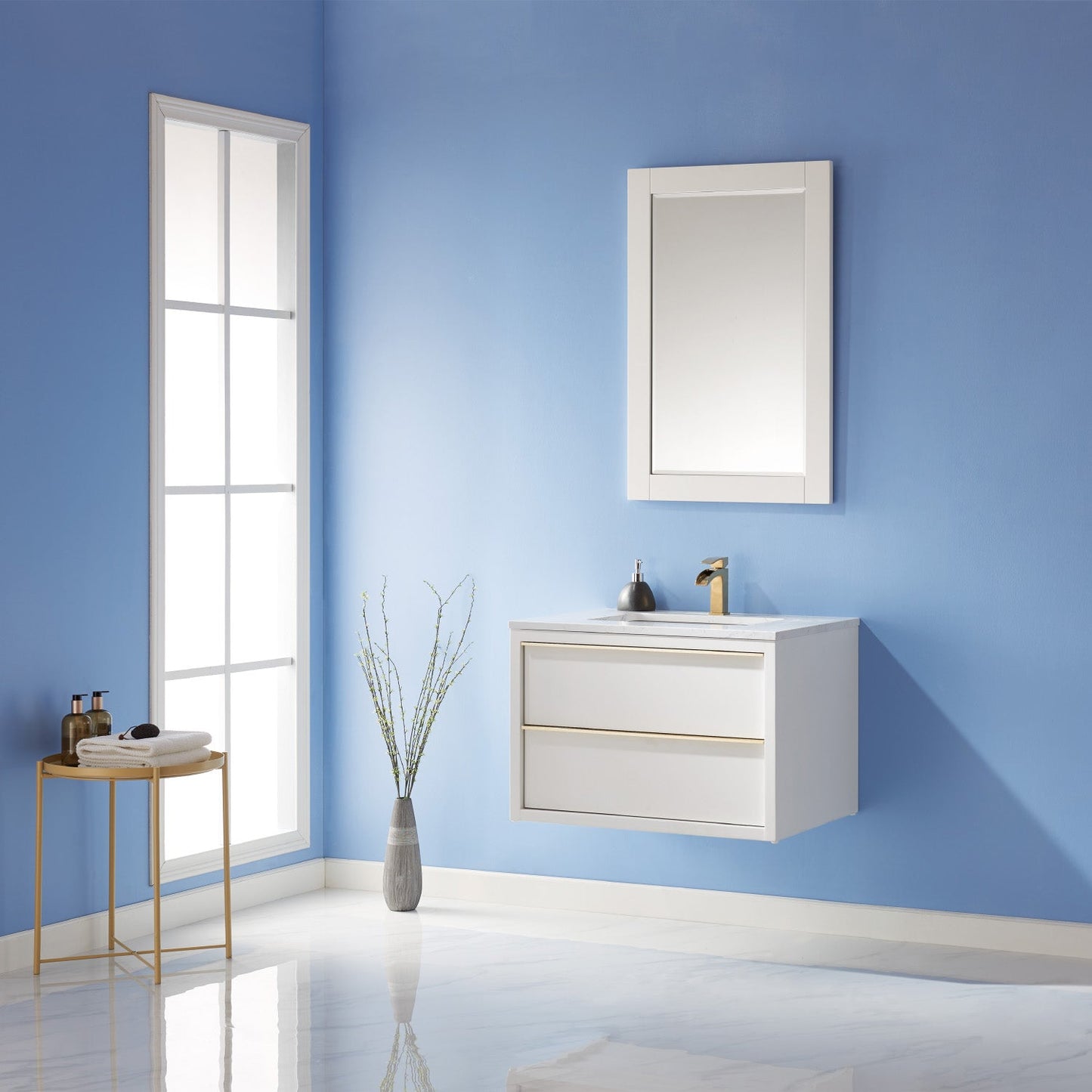 Morgan 30" Single Bathroom Vanity Set in White and Aosta White Engineered Stone Countertop with Mirror
