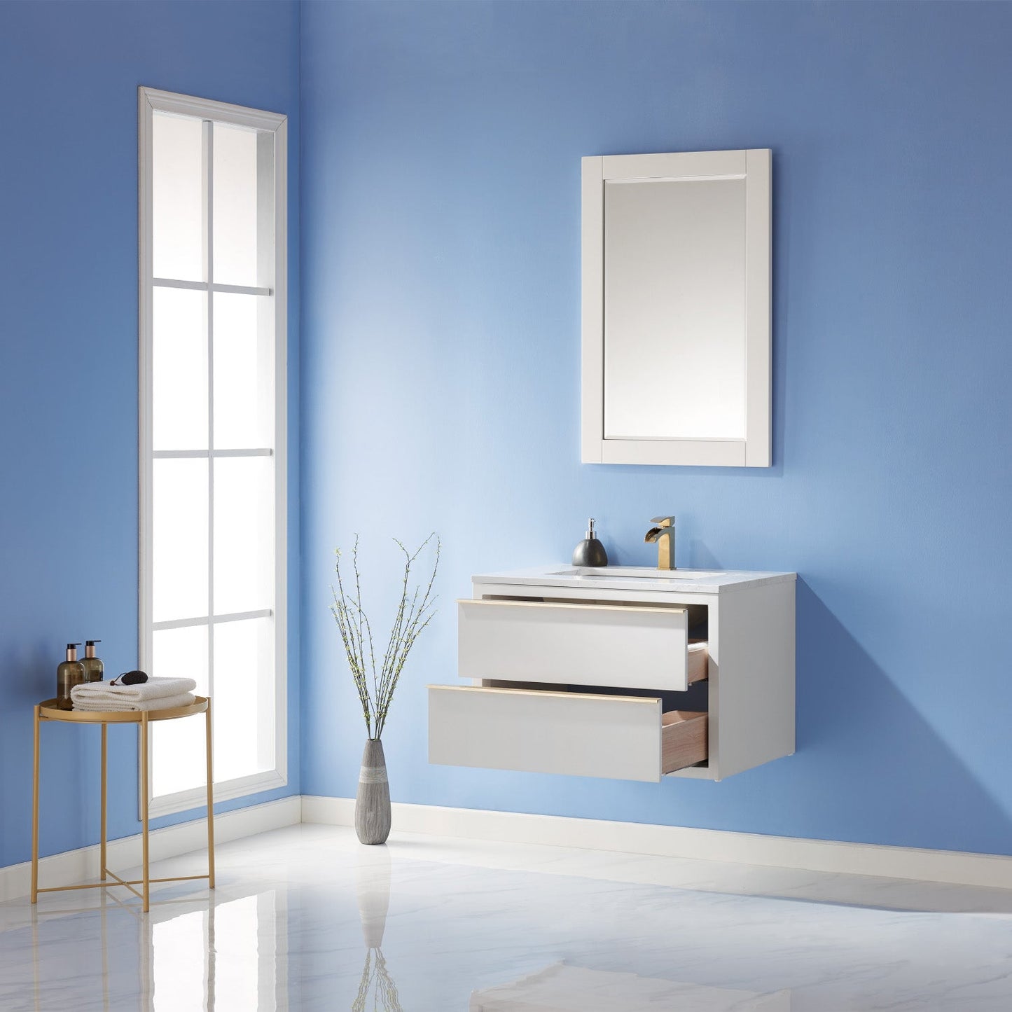 Morgan 30" Single Bathroom Vanity Set in White and Aosta White Engineered Stone Countertop with Mirror