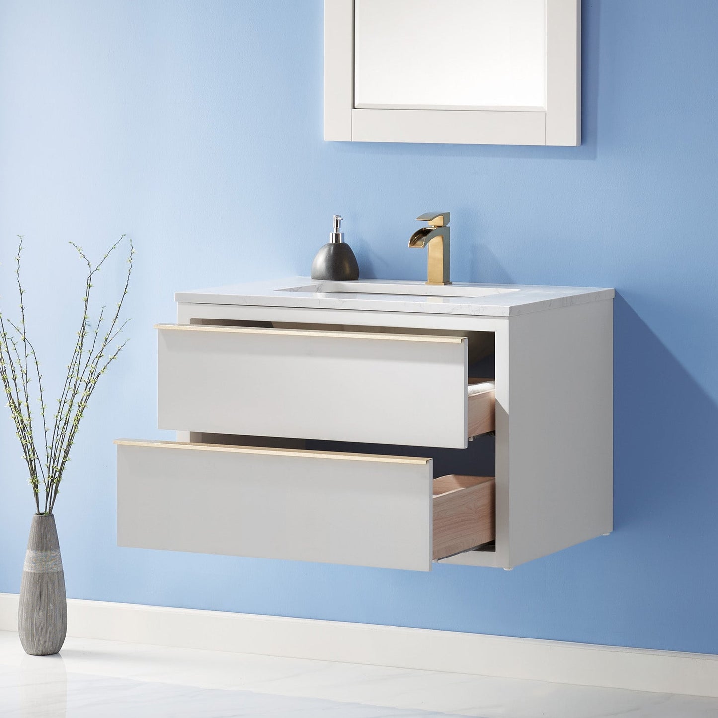 Morgan 30" Single Bathroom Vanity Set in White and Aosta White Engineered Stone Countertop with Mirror