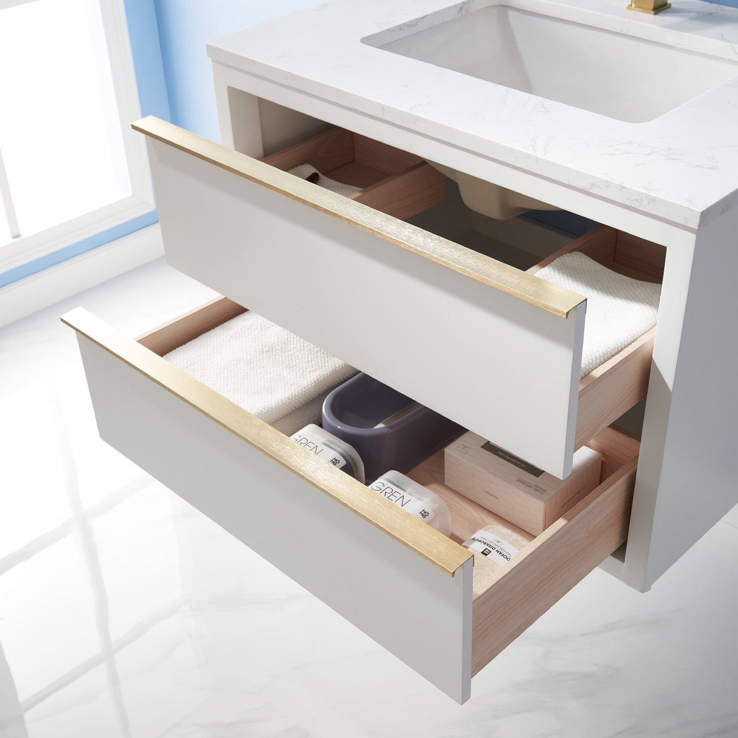 Morgan 30" Single Bathroom Vanity Set in White and Aosta White Engineered Stone Countertop with Mirror