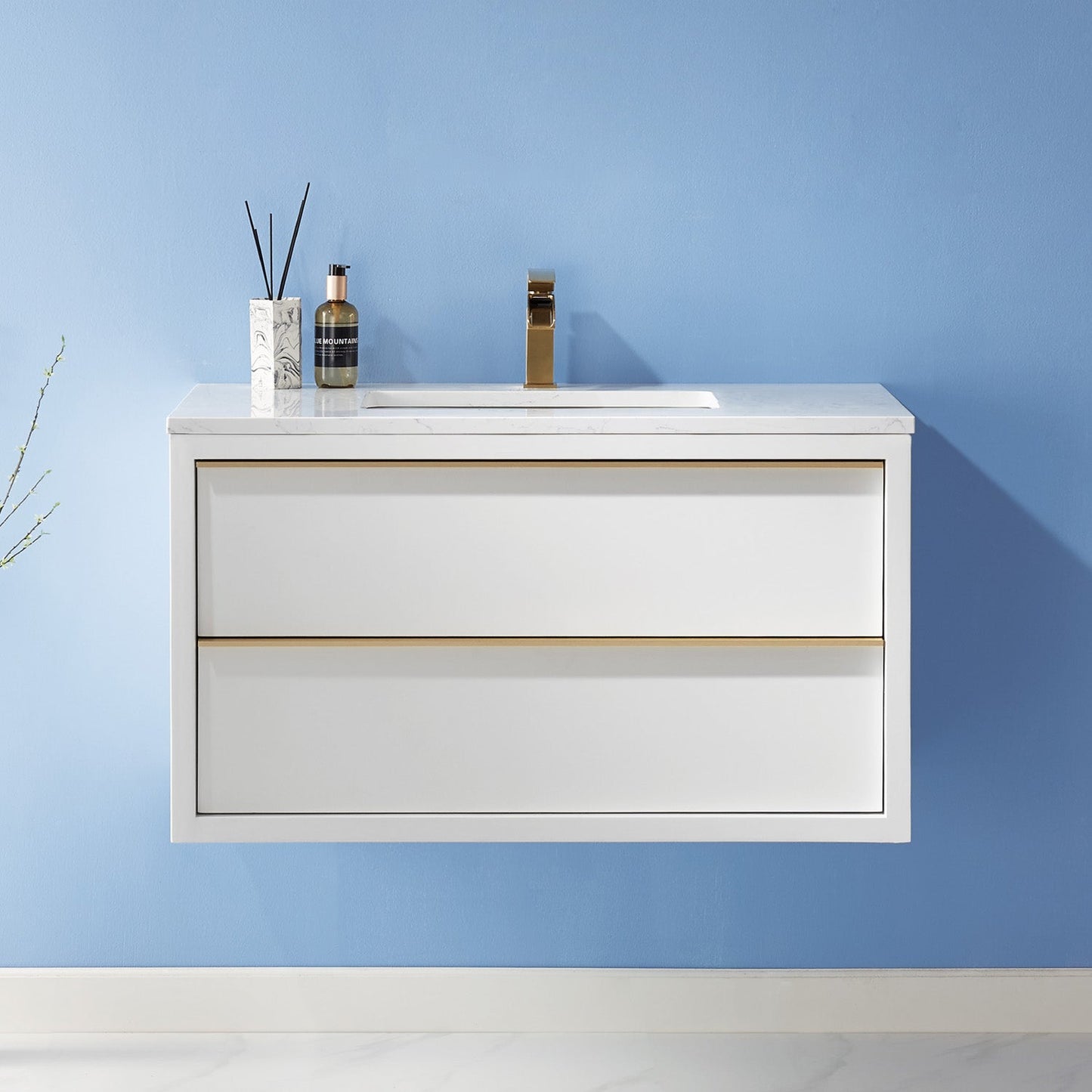 Morgan 36" Single Bathroom Vanity Set in White and Aosta White Engineered Stone Countertop without Mirror