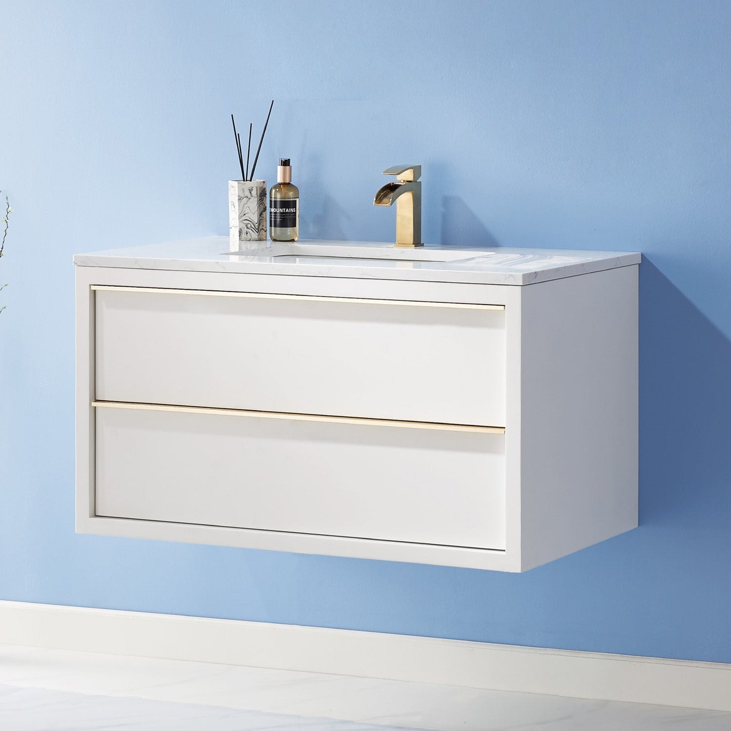 Morgan 36" Single Bathroom Vanity Set in White and Aosta White Engineered Stone Countertop without Mirror