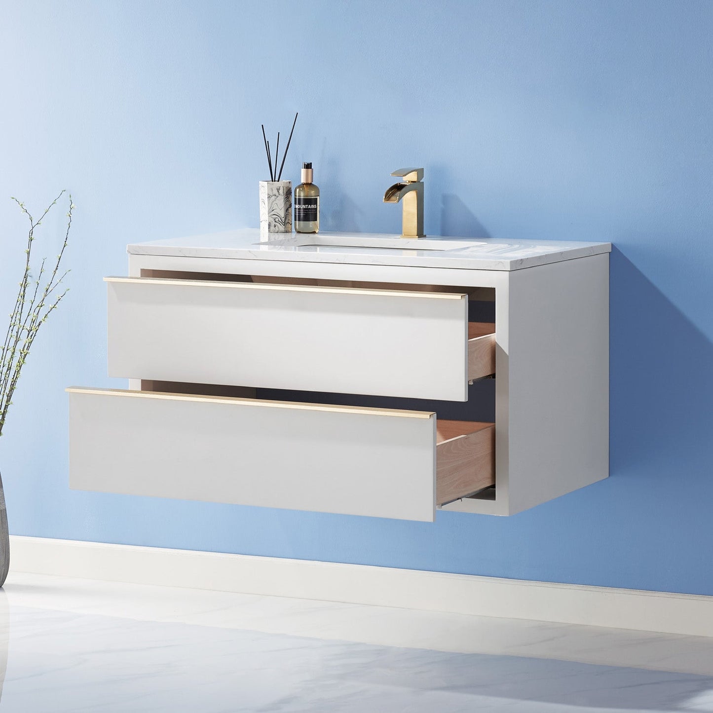 Morgan 36" Single Bathroom Vanity Set in White and Aosta White Engineered Stone Countertop without Mirror