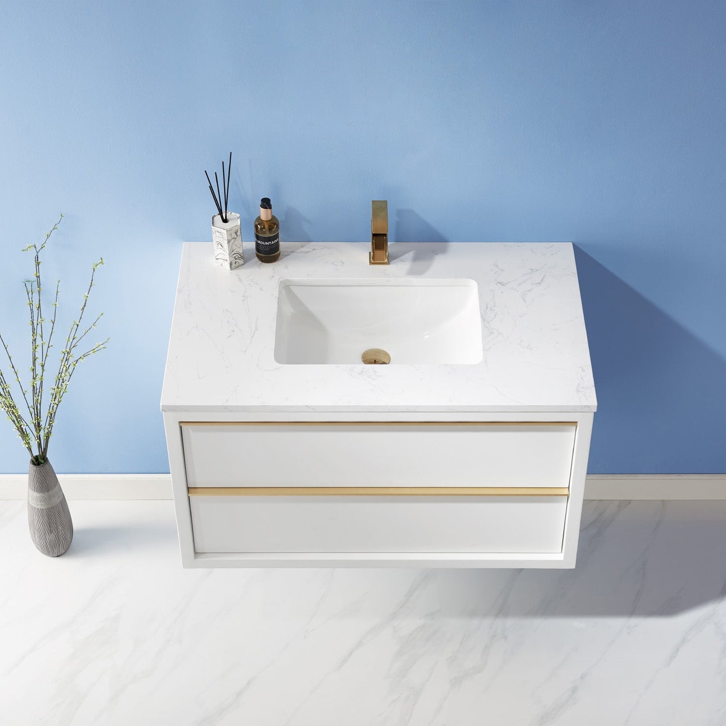 Morgan 36" Single Bathroom Vanity Set in White and Aosta White Engineered Stone Countertop without Mirror