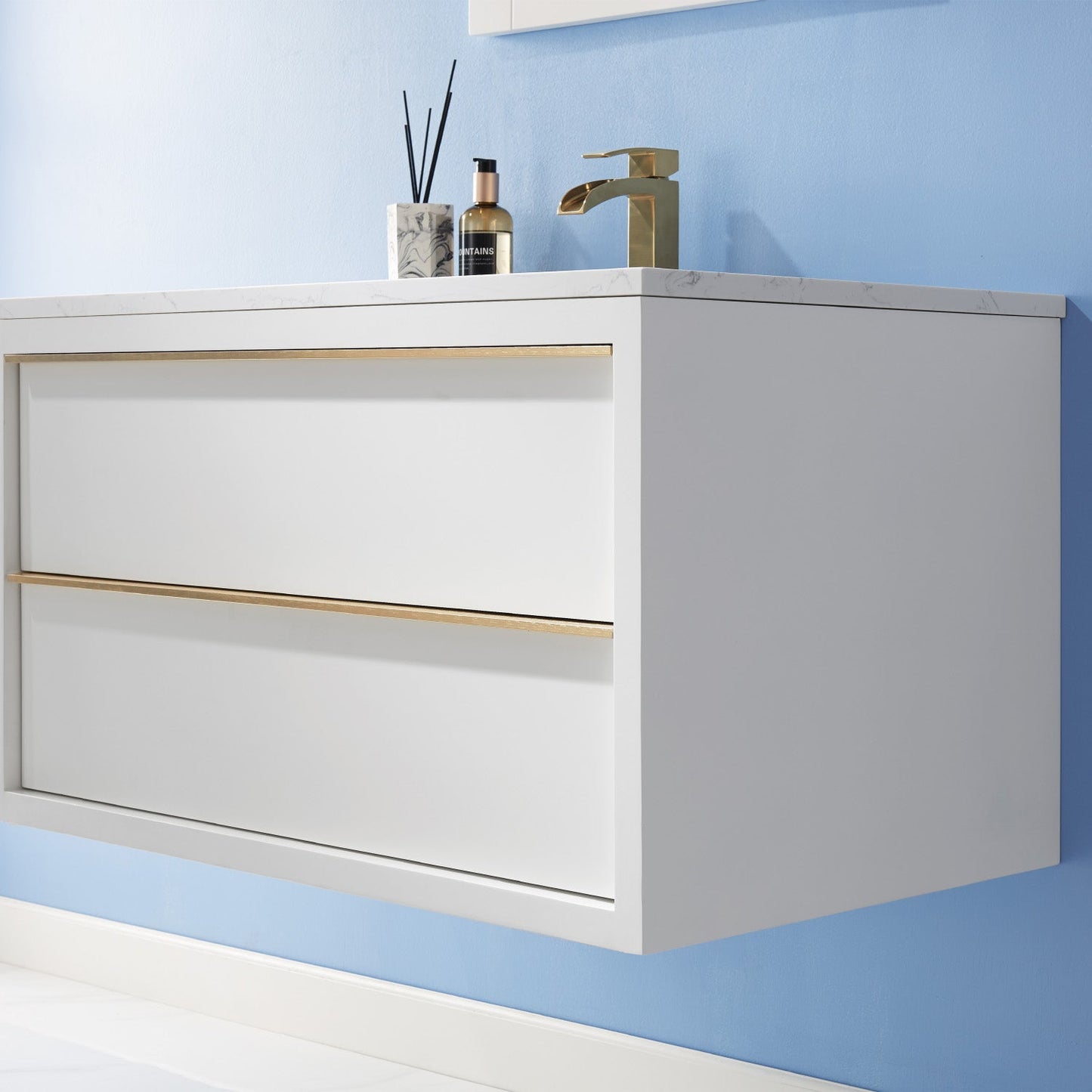 Morgan 36" Single Bathroom Vanity Set in White and Aosta White Engineered Stone Countertop without Mirror