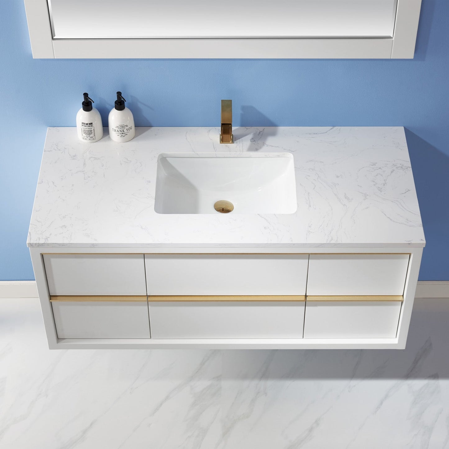 Morgan 48" Single Bathroom Vanity Set in White and Aosta White Engineered Stone Countertop with Mirror