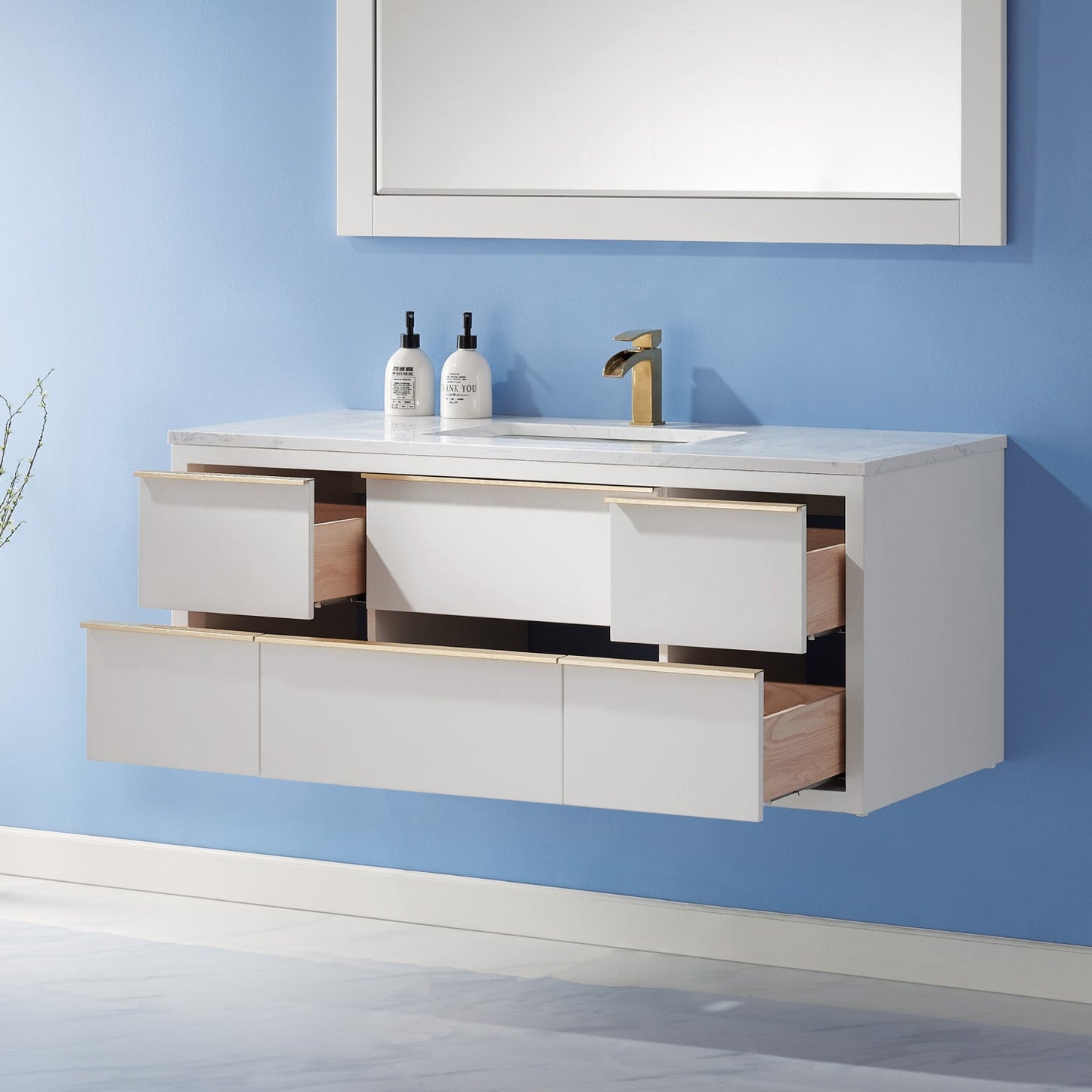 Morgan 48" Single Bathroom Vanity Set in White and Aosta White Engineered Stone Countertop with Mirror