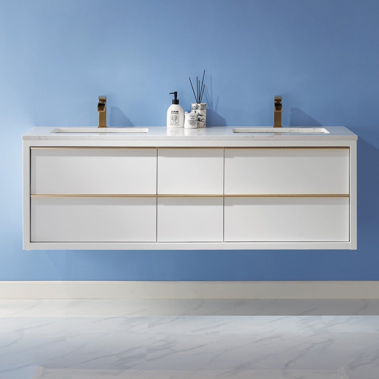 Morgan 60" Double Bathroom Vanity Set in White and Aosta White Engineered Stone Countertop without Mirror