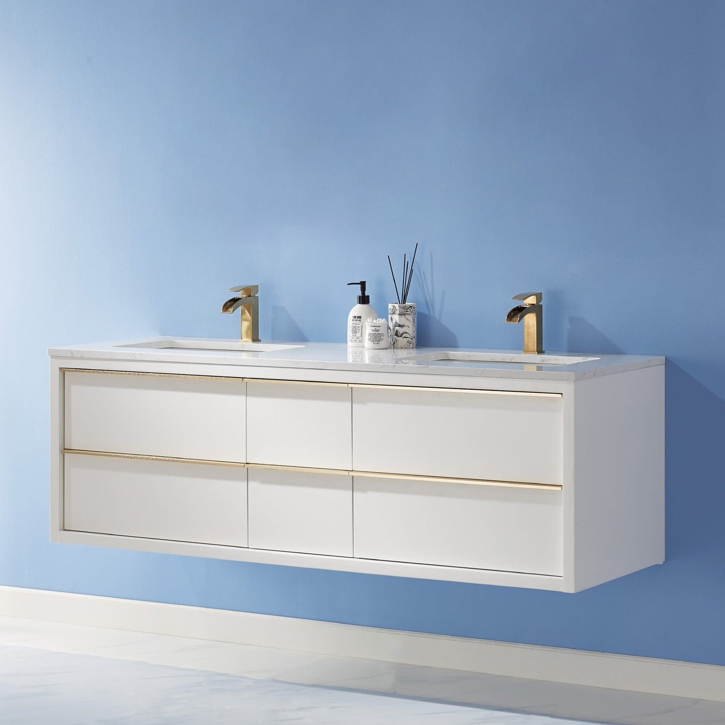 Morgan 60" Double Bathroom Vanity Set in White and Aosta White Engineered Stone Countertop without Mirror