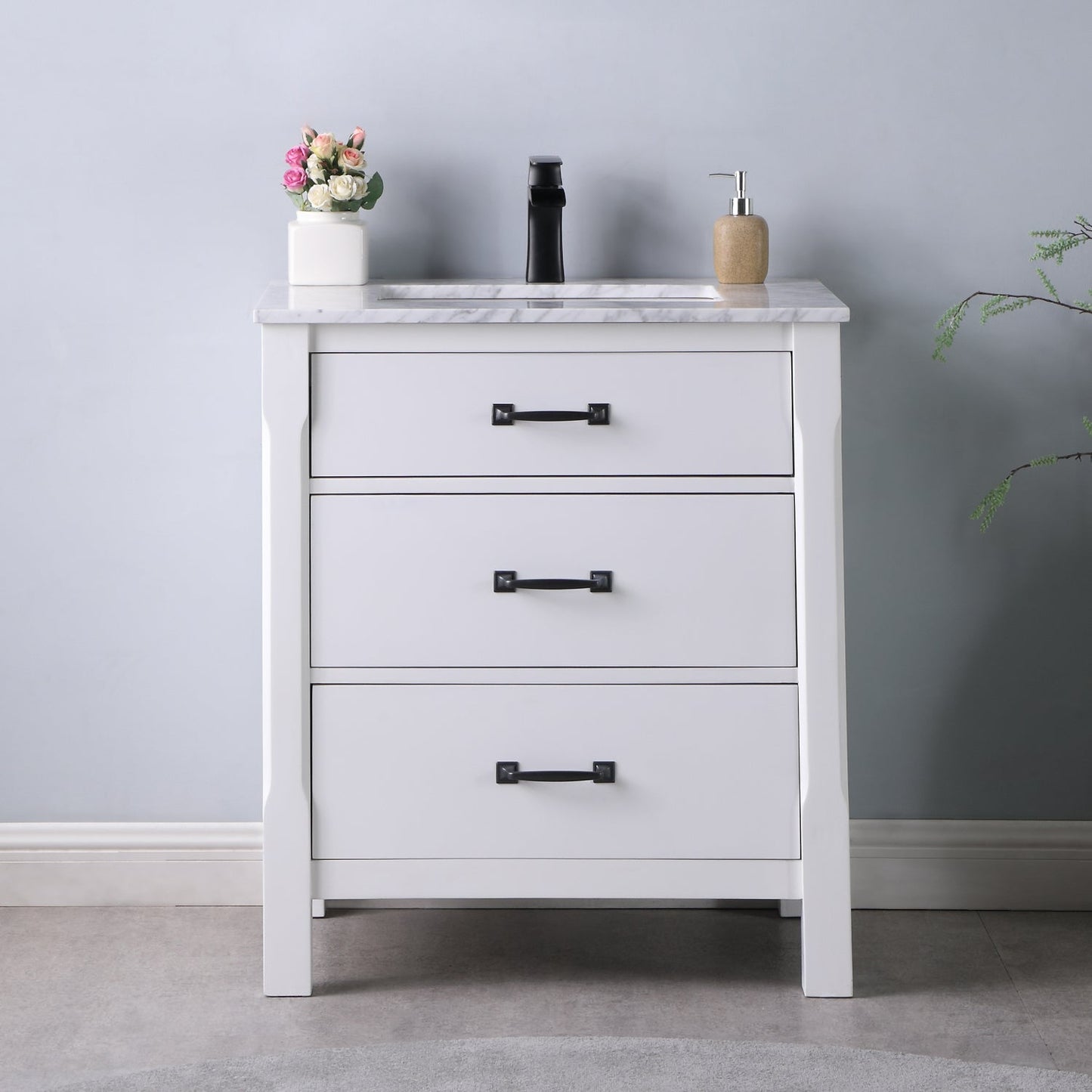 Maribella 30" Single Bathroom Vanity Set in White and Carrara White Marble Countertop without Mirror