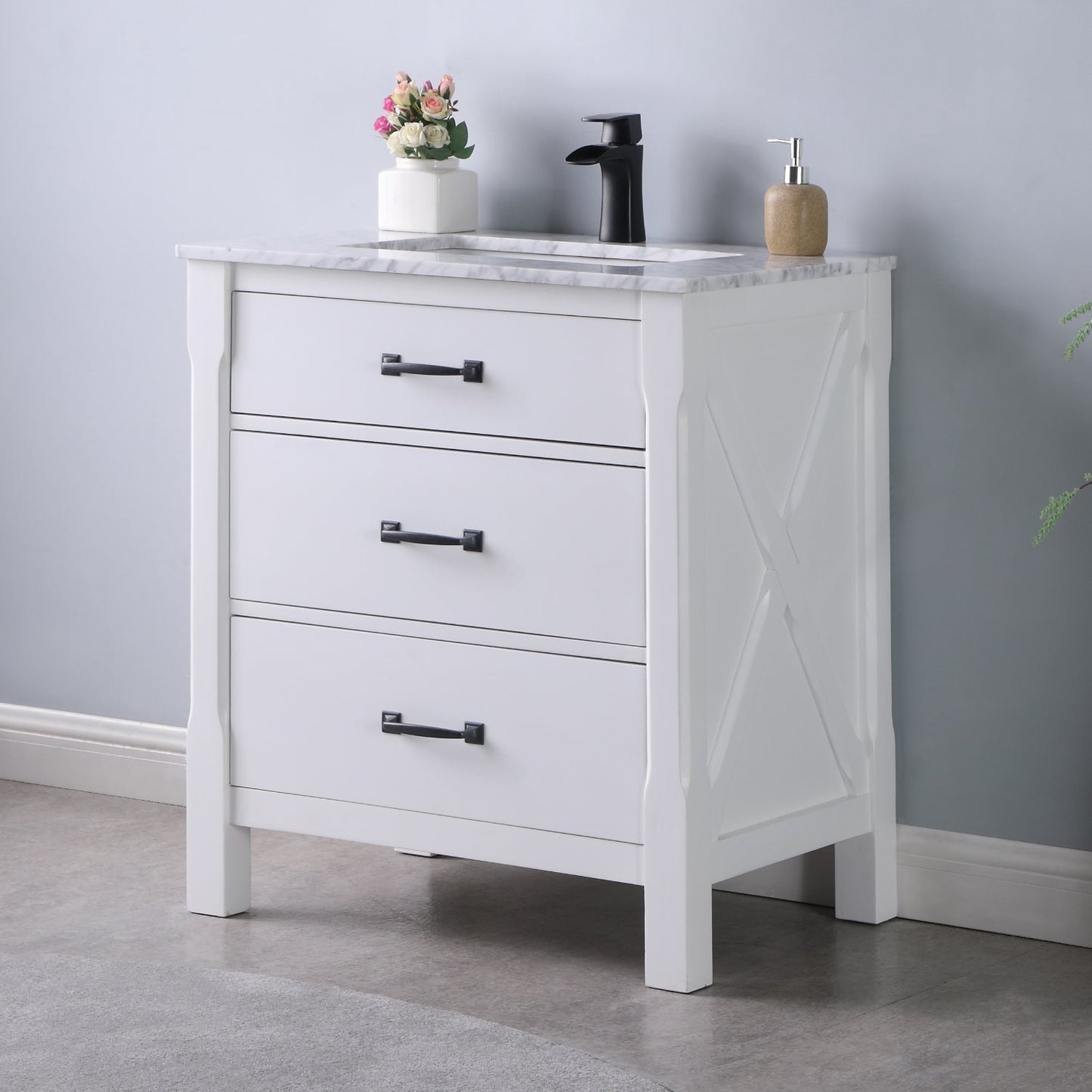 Maribella 30" Single Bathroom Vanity Set in White and Carrara White Marble Countertop without Mirror