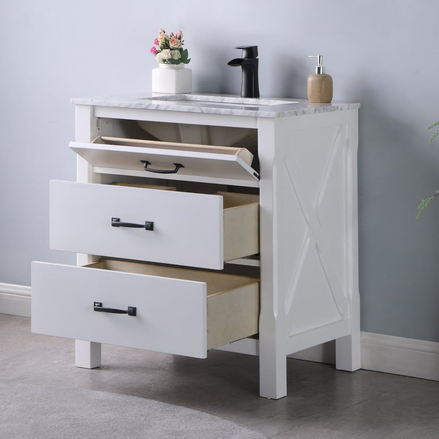 Maribella 30" Single Bathroom Vanity Set in White and Carrara White Marble Countertop without Mirror