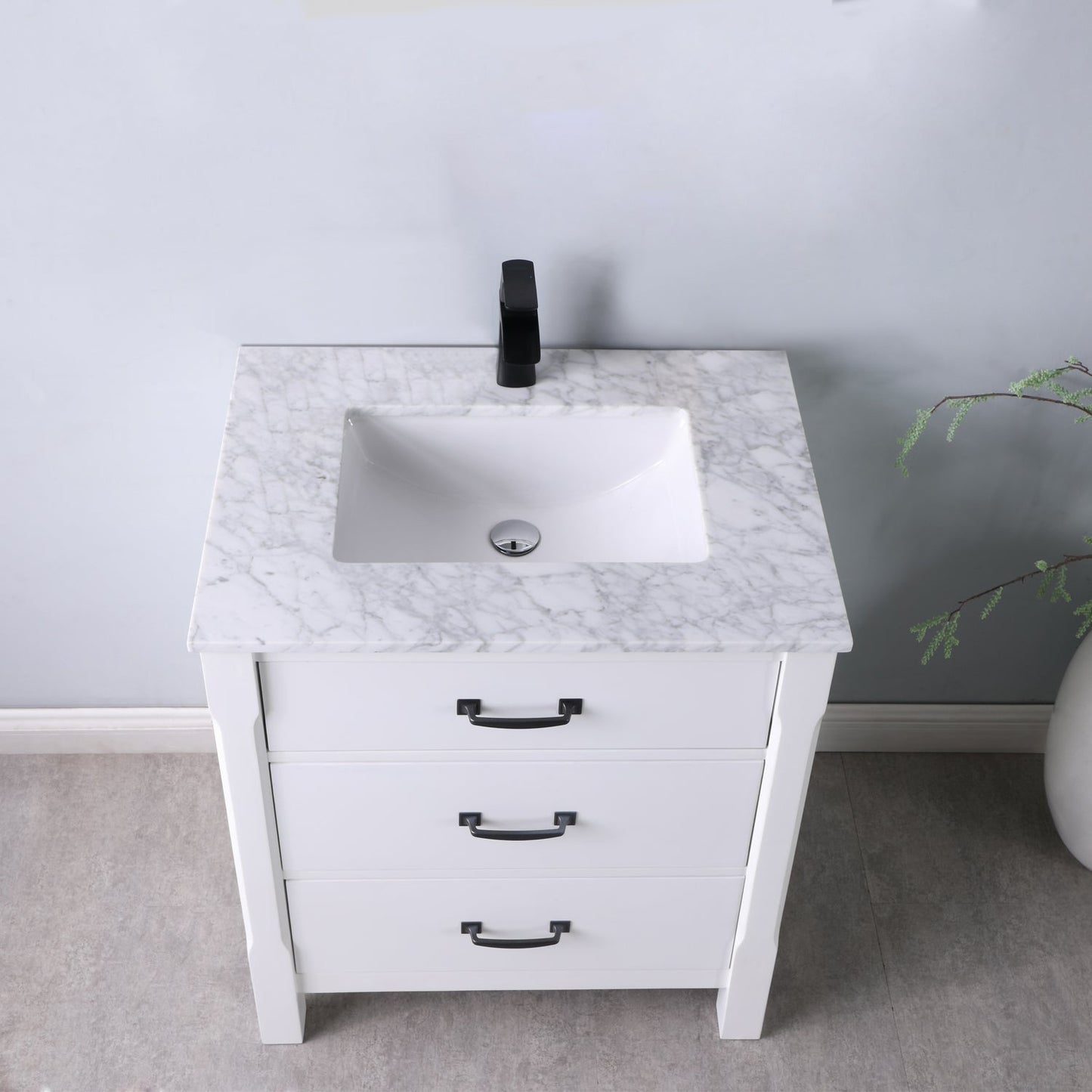Maribella 30" Single Bathroom Vanity Set in White and Carrara White Marble Countertop without Mirror