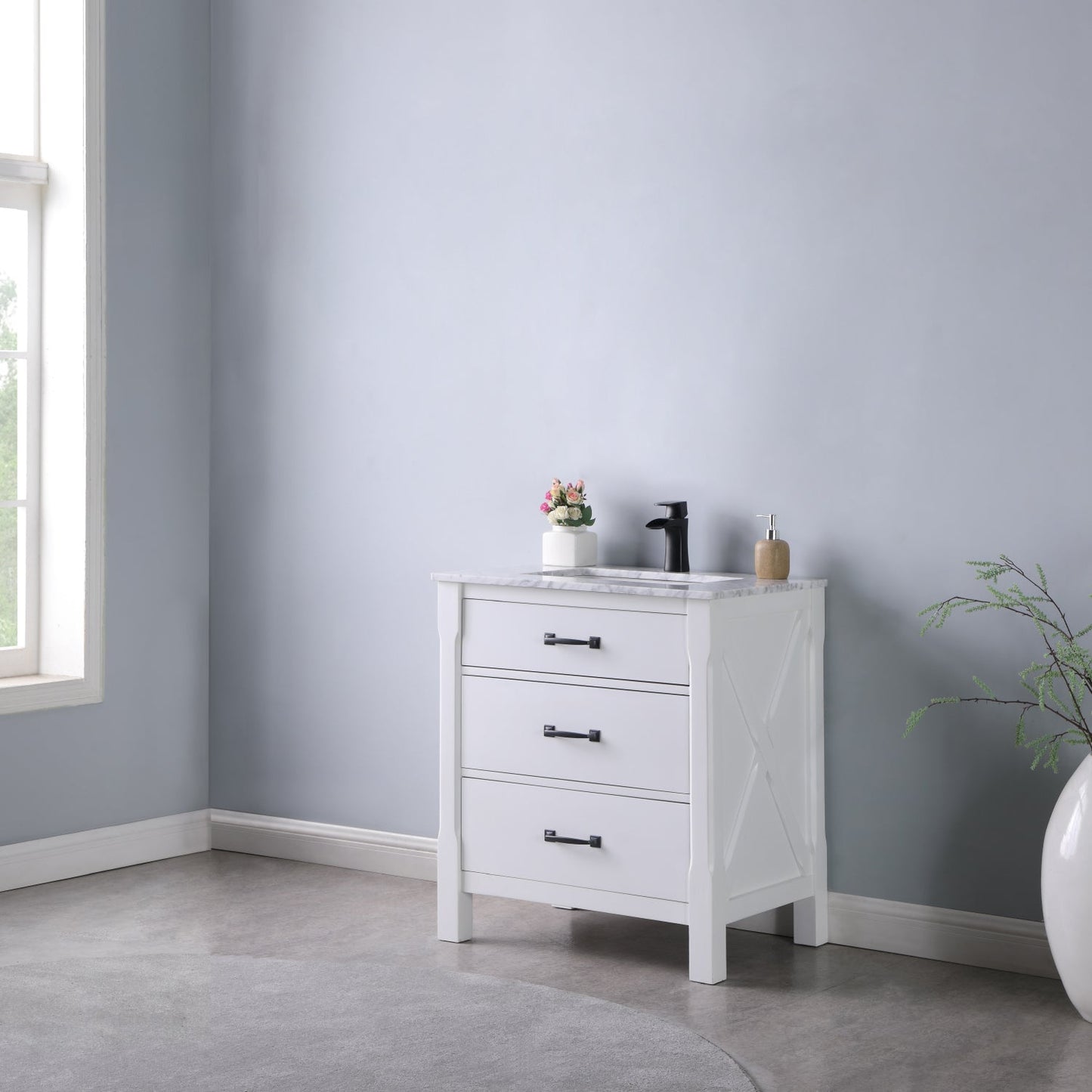 Maribella 30" Single Bathroom Vanity Set in White and Carrara White Marble Countertop without Mirror
