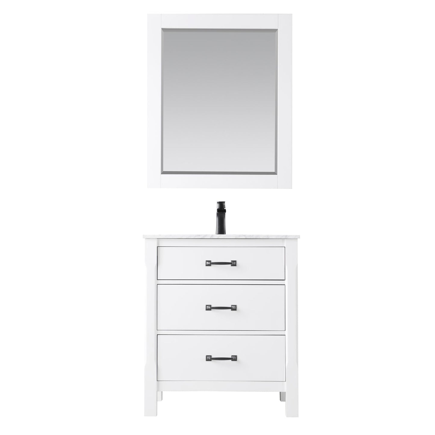 Maribella 30" Single Bathroom Vanity Set in White and Carrara White Marble Countertop with Mirror