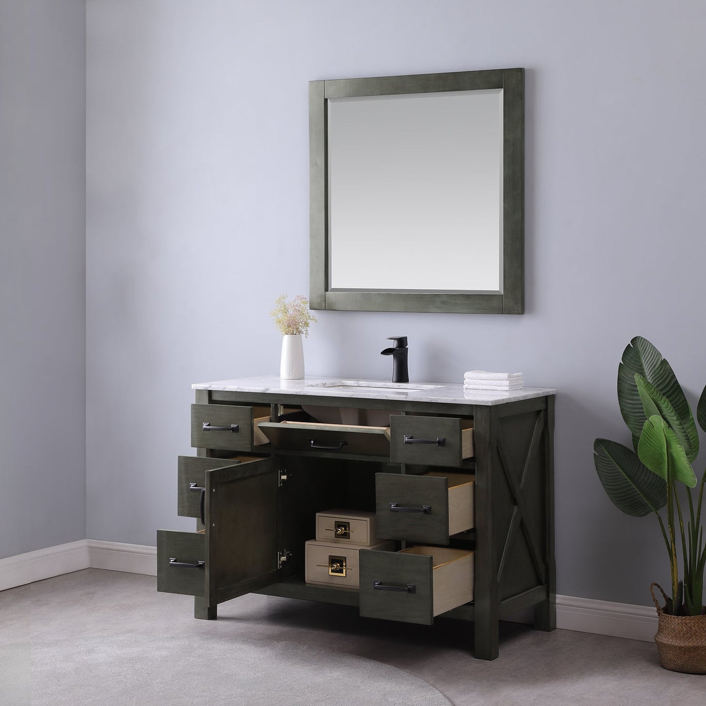 Maribella 48" Single Bathroom Vanity Set in Rust Black and Carrara White Marble Countertop with Mirror