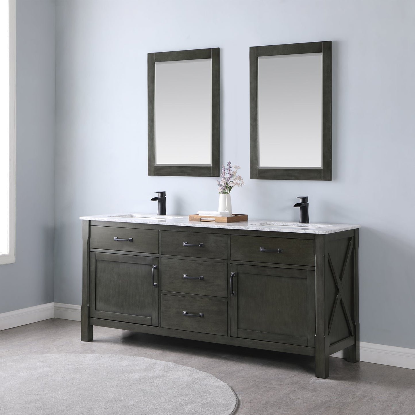 Maribella 72" Double Bathroom Vanity Set in Rust Black and Carrara White Marble Countertop without Mirror